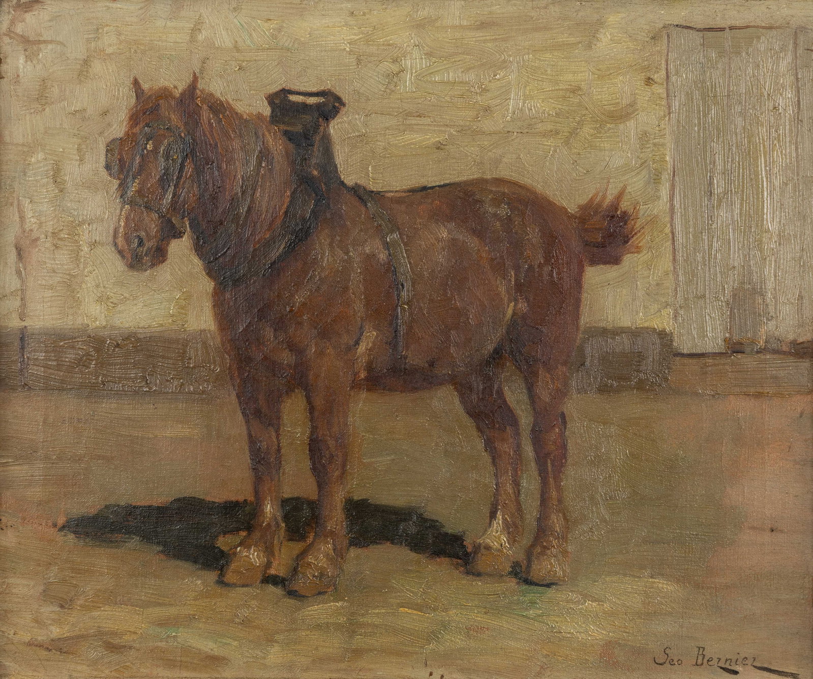 Geo Bernier (1862–1918) ‘Farm Horse’, oil on canvas.: Geo Bernier (1862–1918) ‘Farm Horse’, oil on canvas. A painting, oil on canvasSigned lower right. (35 x 41 cm) Dimensions: (W:35 x H:30 cm) The absence of a condition report do