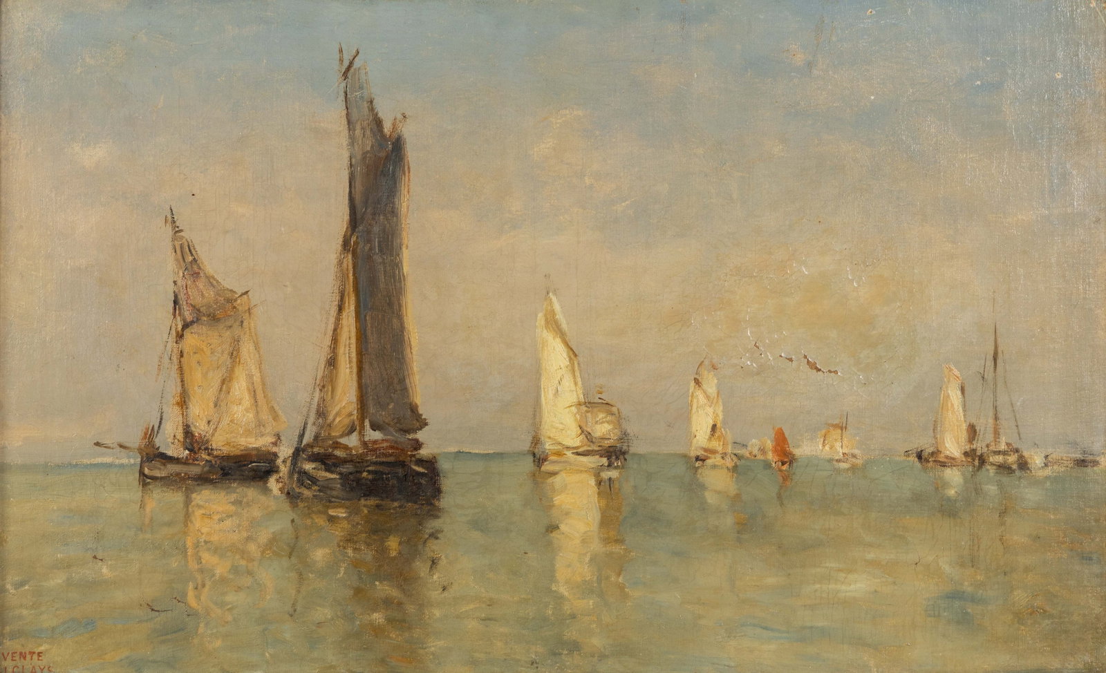Paul Jean CLAYS (1819–1900) 'Seascape', oil on canvas.: Paul Jean CLAYS (1819–1900) “Seascape”, oil on canvas. A marine/harbour painting, oil on canvasSigned lower left. (40 x 60 cm) Dimensions: (W:53 x H:33 cm) Condition: Some pain