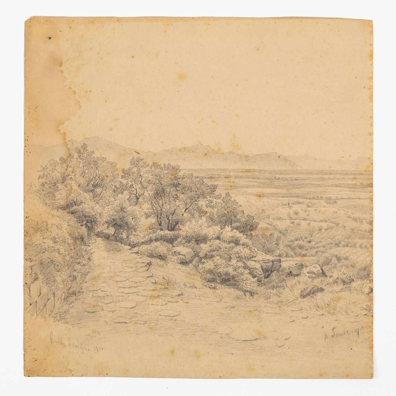 Albert Saverys (1886-1964) 'Civita d'avigna', pencil on paper.: Albert Saverys (1886-1964) 'Civita d'avigna', pencil on paper. Pencil on paper.Signed 'A. Saverys' lower right.Title and illegibly dated lower left. (not framed) Dimensions: (W:38 x H:39,5 cm) Conditi