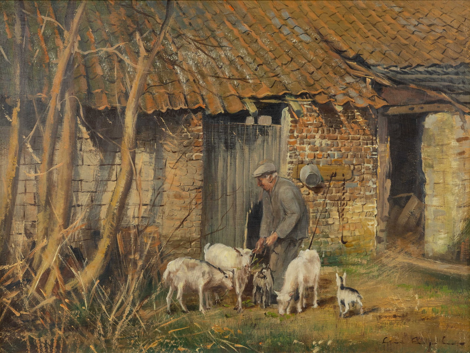 Leon Engelen (1943) 'Feeding the Goats', oil on canvas.: Leon Engelen (1943) 'Feeding the Goats', oil on canvas. A painting, oil on canvas. A view of a farm with a farmer and goats. Signed lower right. (90 x 110 cm) Dimensions: (W:80 x H:60 cm) T