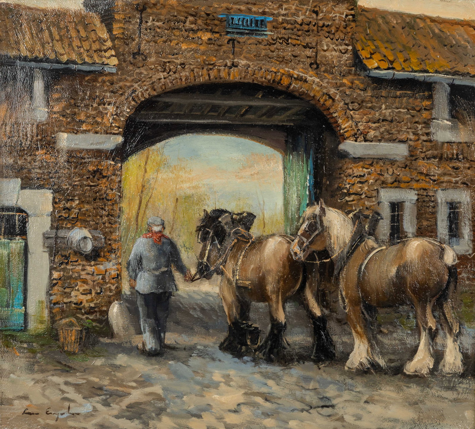 Leon Engelen (1943) “Farmer with his farm horses”, oil on canvas.: Leon Engelen (1943) “Farmer with his farm horses”, oil on canvas. A painting, oil on canvas. Signed lower left. (75 x 80 cm) Dimensions: (W:50 x H:45 cm) The absence of a condit