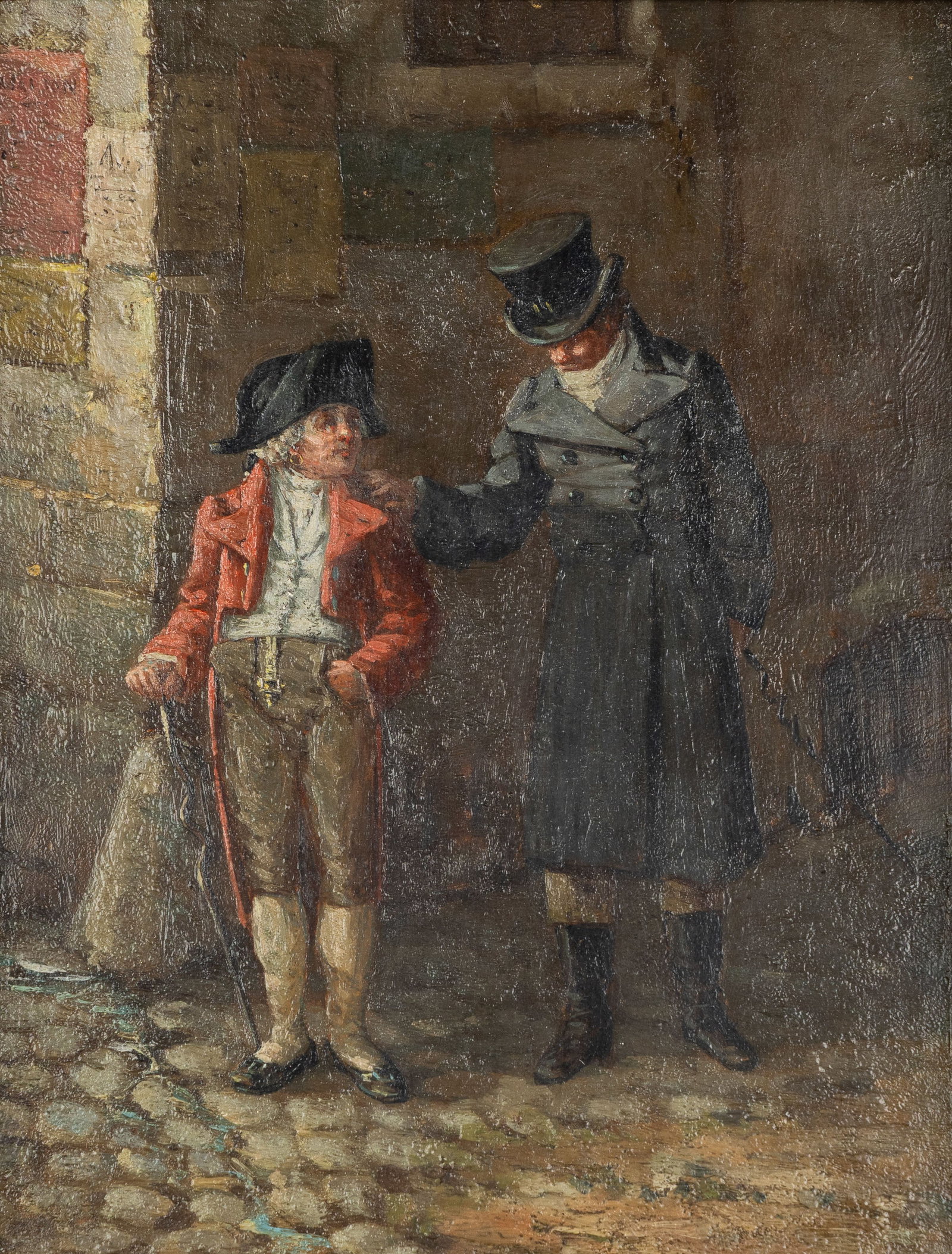 An antique painting, ‘The Conversation on the Street Corner’, oil on panel. 18th/19th C. (1 of 4)
