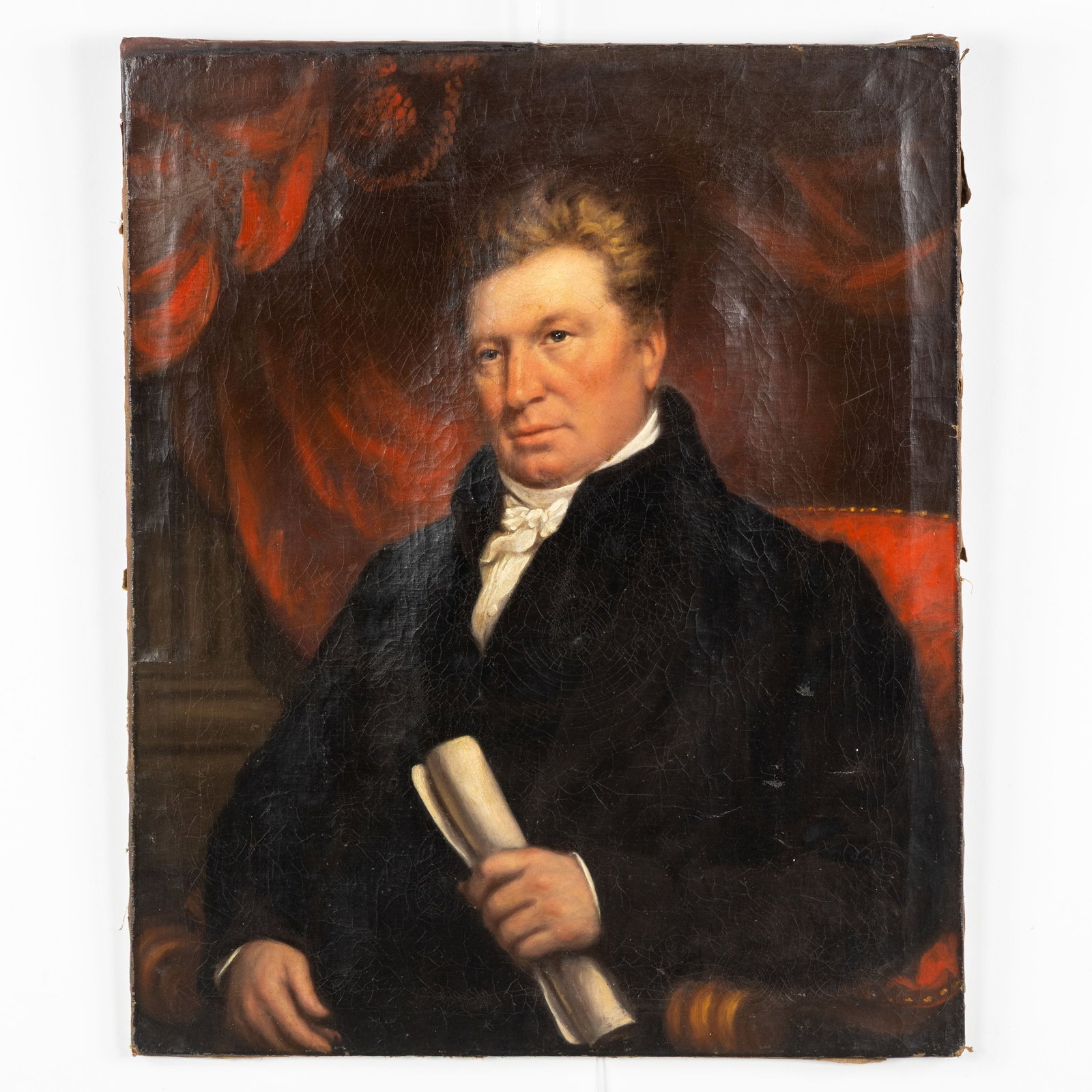 An antique portrait of a notable figure, oil on canvas. 18th C.: An antique portrait of a notable figure, oil on canvas. 18th century. Portrait of a notable figure, with curtains and garlands in the background. Marked ‘1832’ on the back of the canv