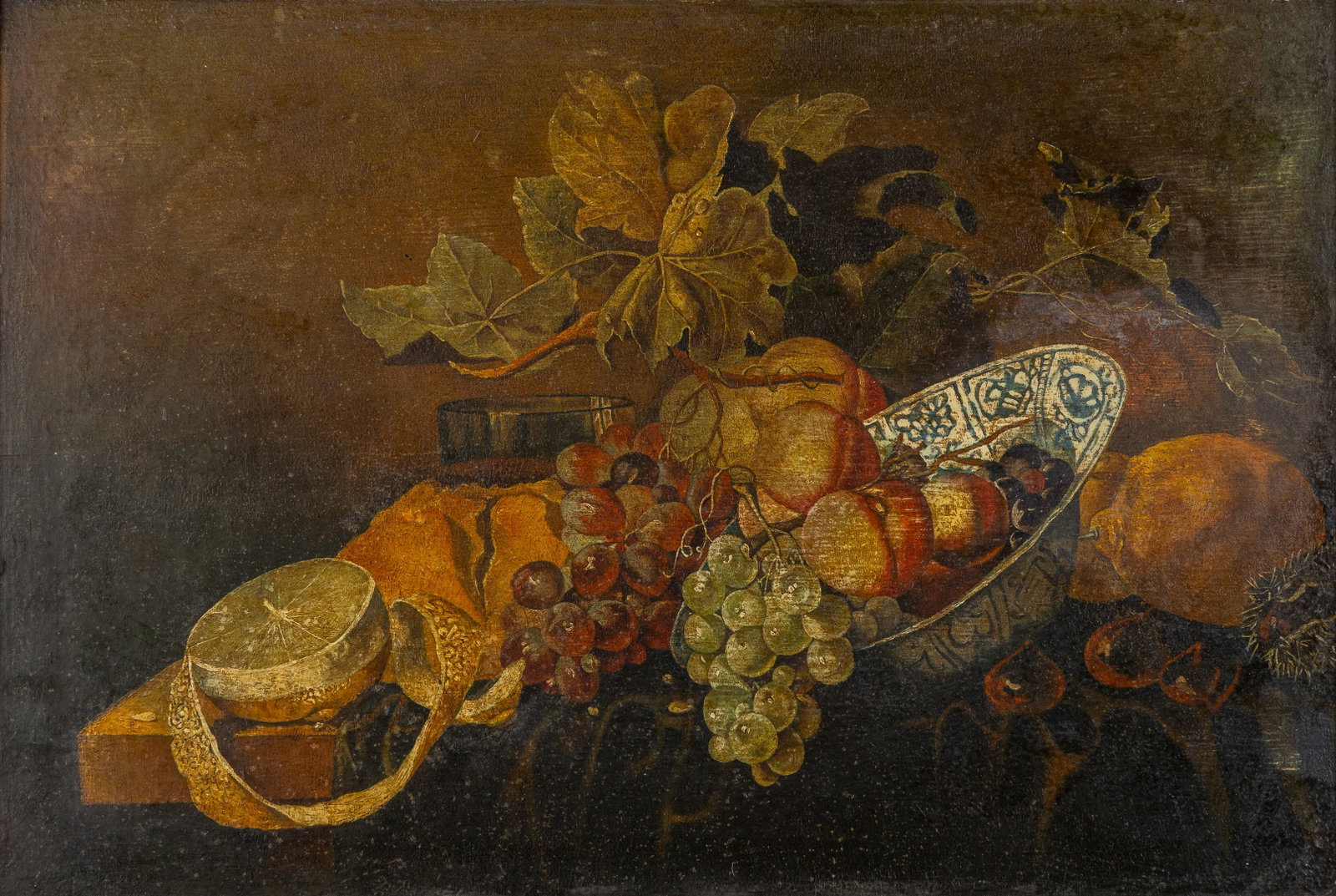 A Finely Painted Still Life with Fruits and a Blue-and-White Porcelain Bowl, oil on panel, 18th/19th: A Finely Painted Still Life with Fruits and a Blue-and-White Porcelain Bowl, oil on panel, 18th/19th century. Oil on panel.Unsigned. (44 x 60 cm) Dimensions: (W:51 x H:35 cm) The absence of a conditio