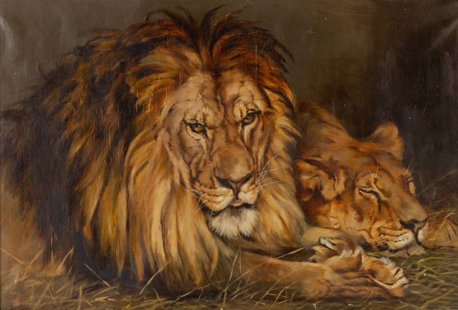Joseph De Smedt (1894–?) 'Lions', oil on canvas. (1 of 8)