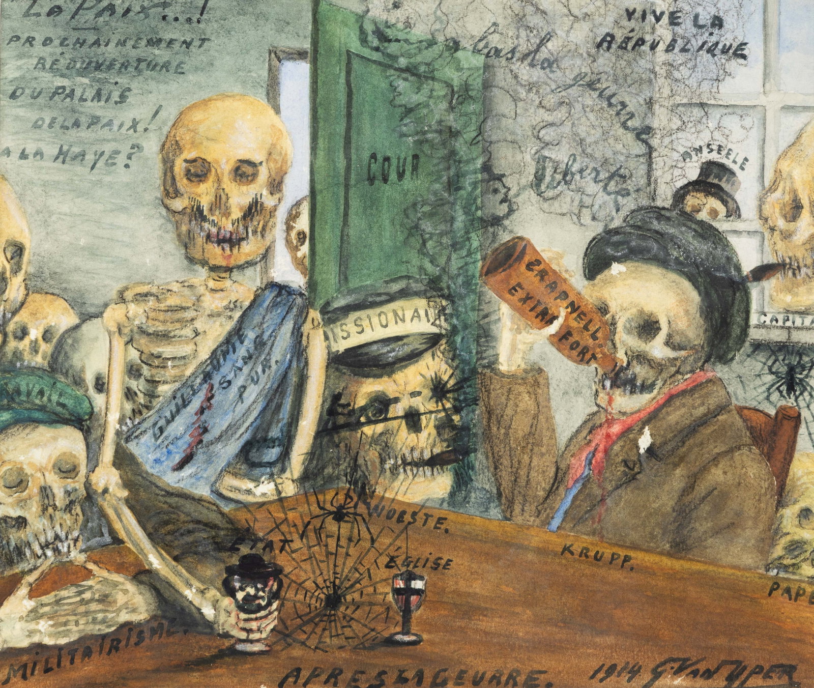 August Van Yper (1884–1963) ‘Après La Guerre’, watercolour on paper. (1914): August Van Yper (1884–1963) ‘Après La Guerre’, watercolour on paper. (1914) A drawing titled ‘Après la Guerre’. The dead are drinking after the war. ‘