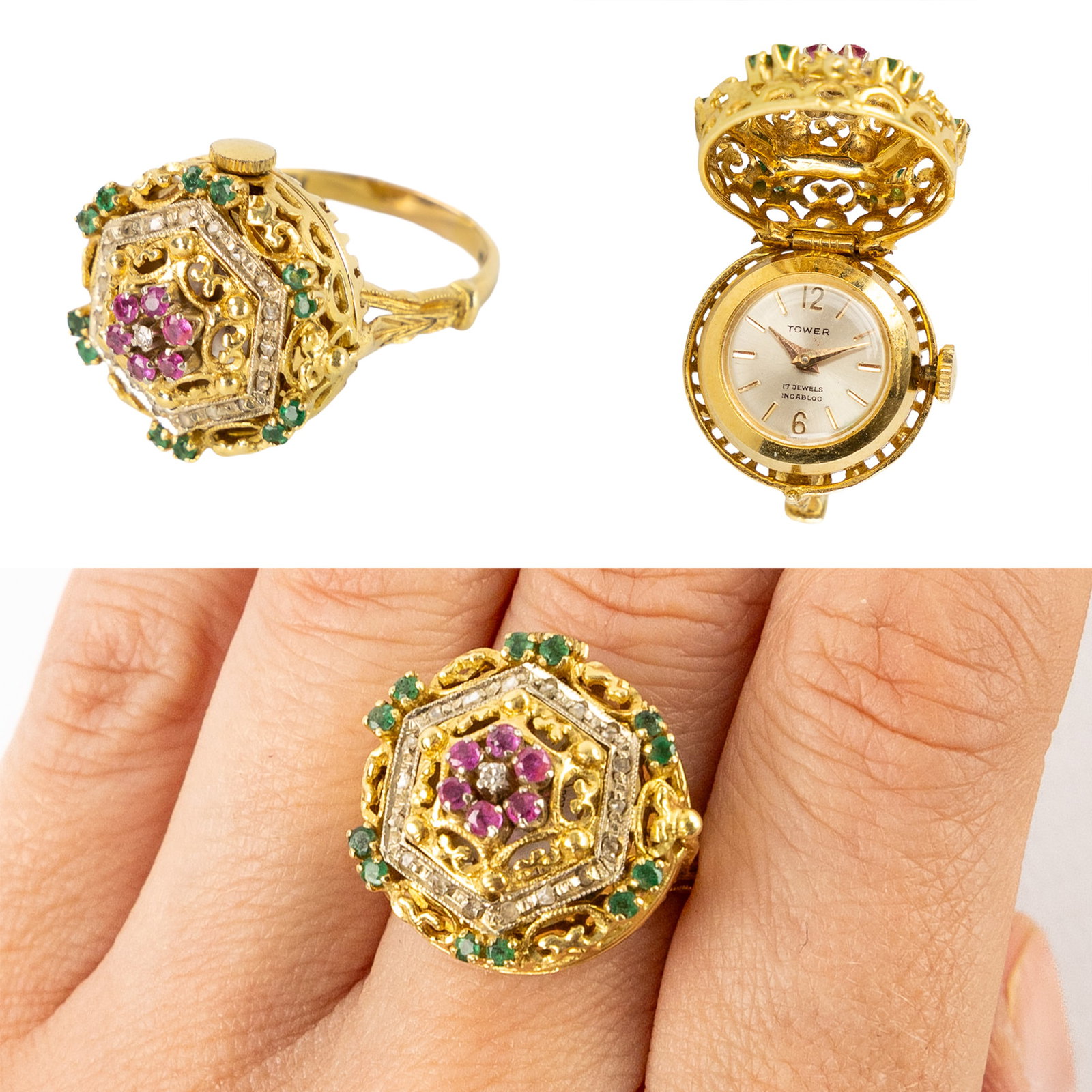 A large ring with a hidden watch, 18ct yellow gold. Ring size 62. 16,14g. : A large ring with a hidden watch, 18ct yellow gold. Ring size 62. 18ct yellow gold, hallmarked. Finished with cut glass/natural stone. Contains a hidden compartment with a watch. Watch marked “T