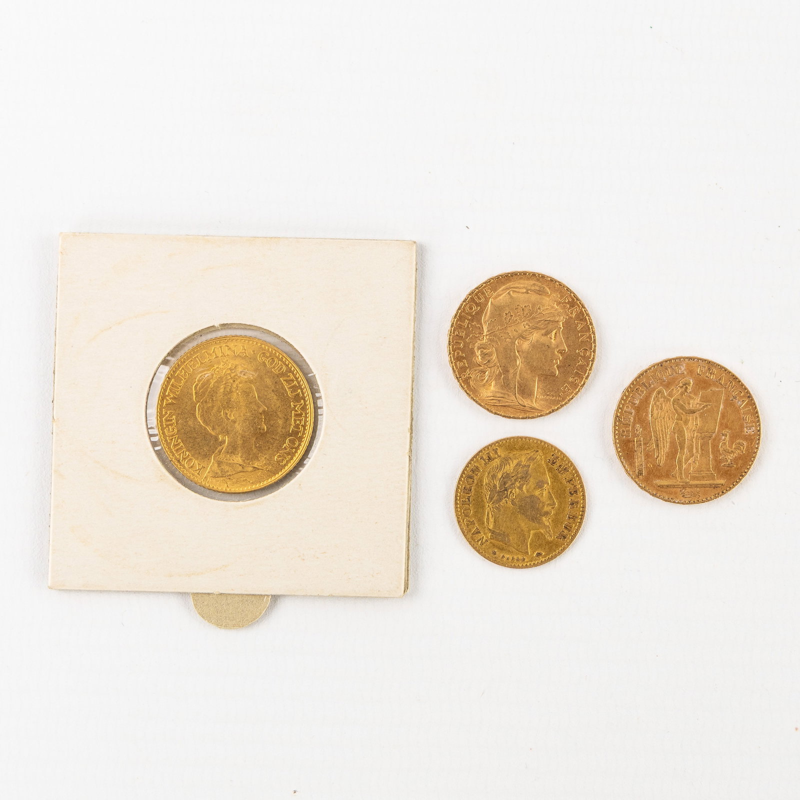Numismatics, Four gold coins, the Netherlands and France: Marianne Coq, Génie, Napoleon III & W (1 of 2)