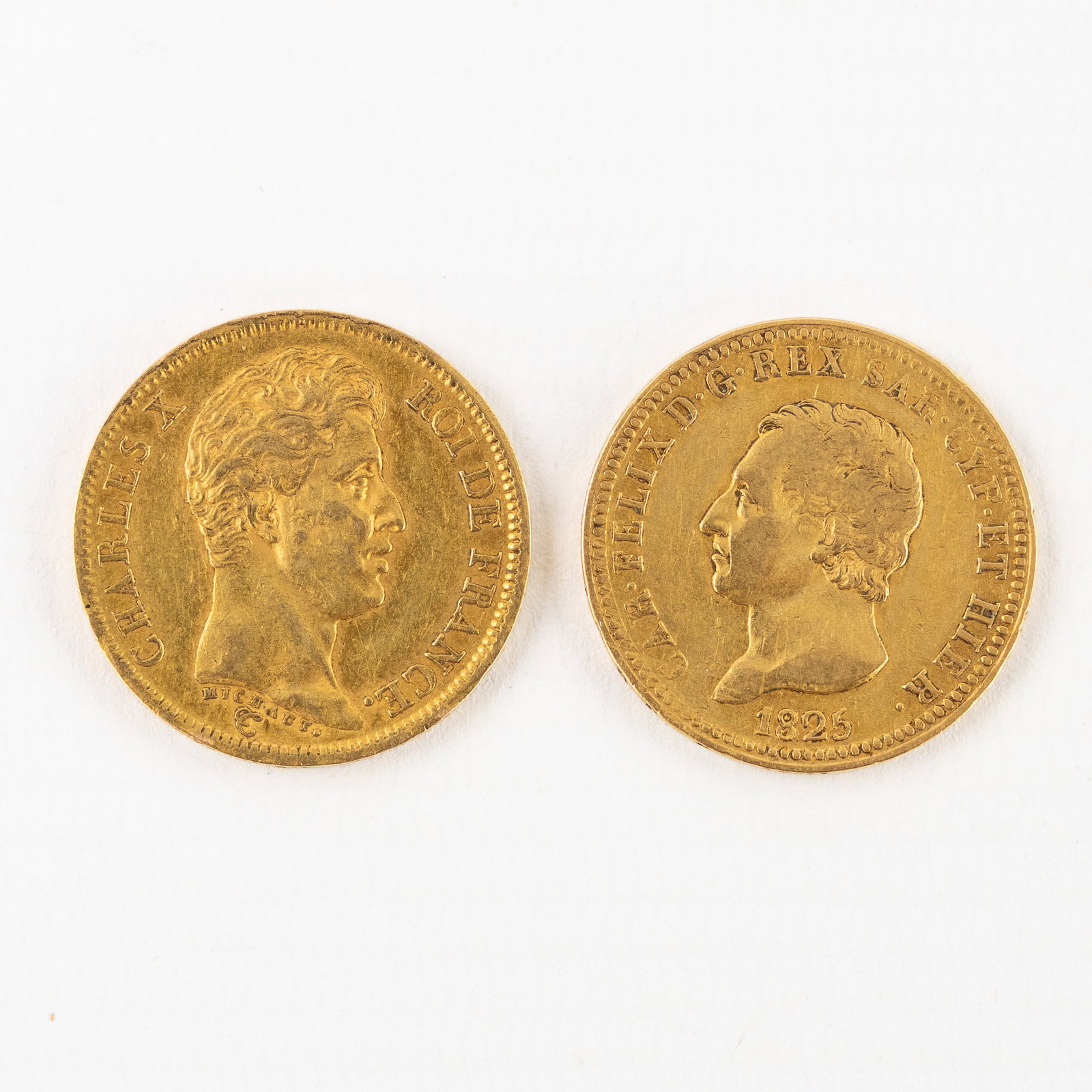 Numismatics, Two gold coins, Charles X - 40 Francs, Carlo Felice - 40 Lira: Numismatics, Two gold coins, Charles X - 40 Francs, Carlo Felice - 40 Lira Charles X - King of France, 1824. Rated gross weight: 12.9g. Carlo Felice - Kingdom of Piedmont-Sardinia, 1825.&nb