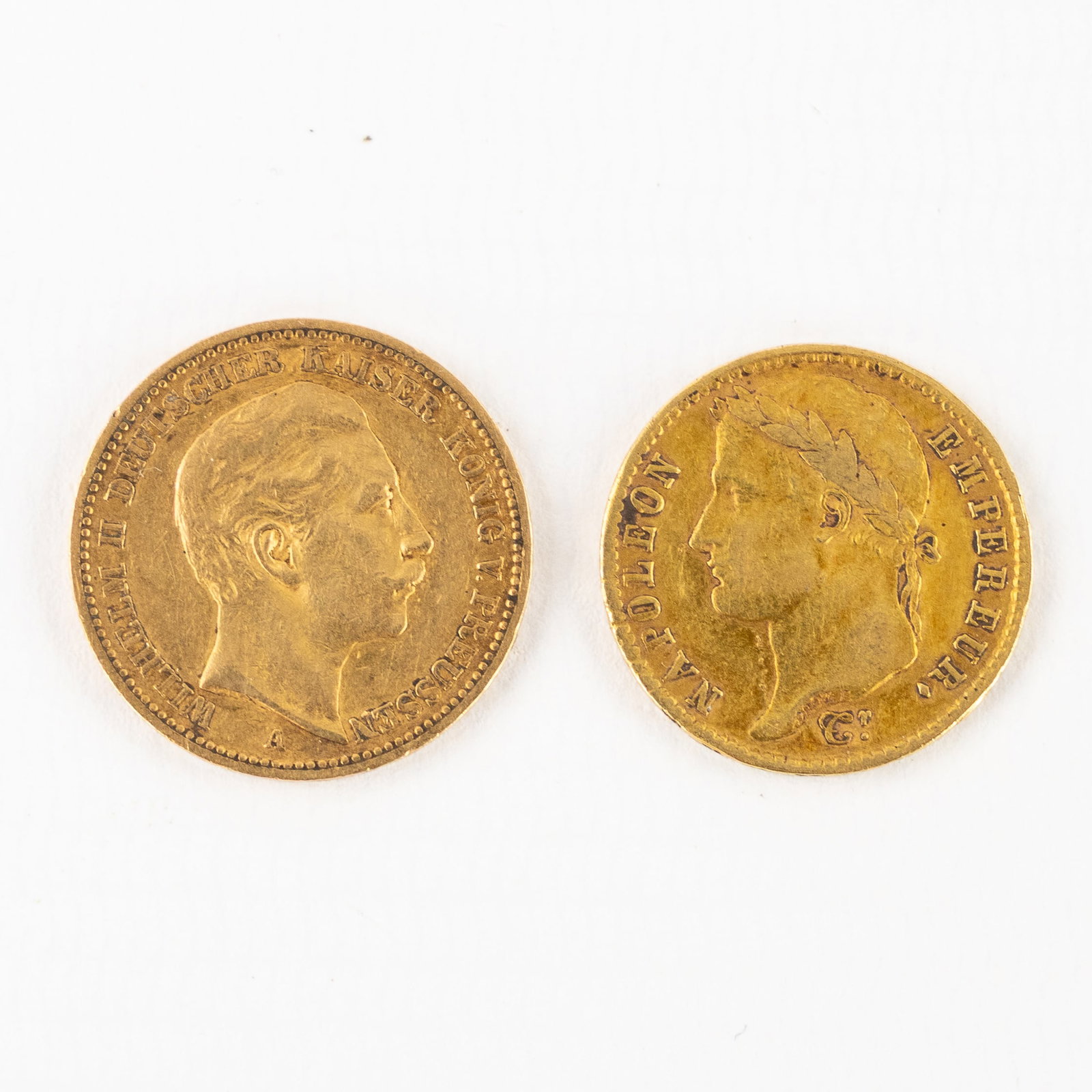 Numismatics, Two gold coins, Napoleon 1, 20 Francs, Wilhelm II 20 Mark. (1 of 2)