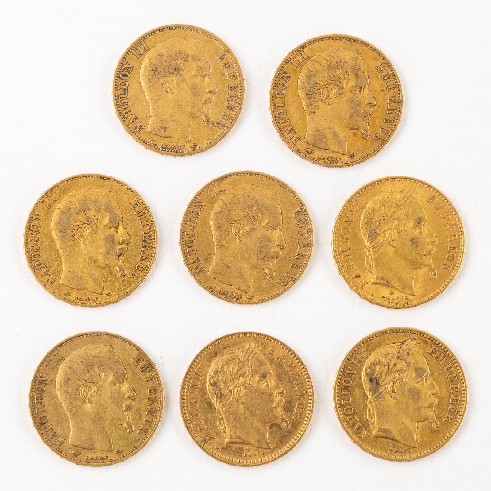Numismatics, Eight gold coins, Napoleon III, Emperor, 20 francs. 1853 to 1868. (1 of 2)
