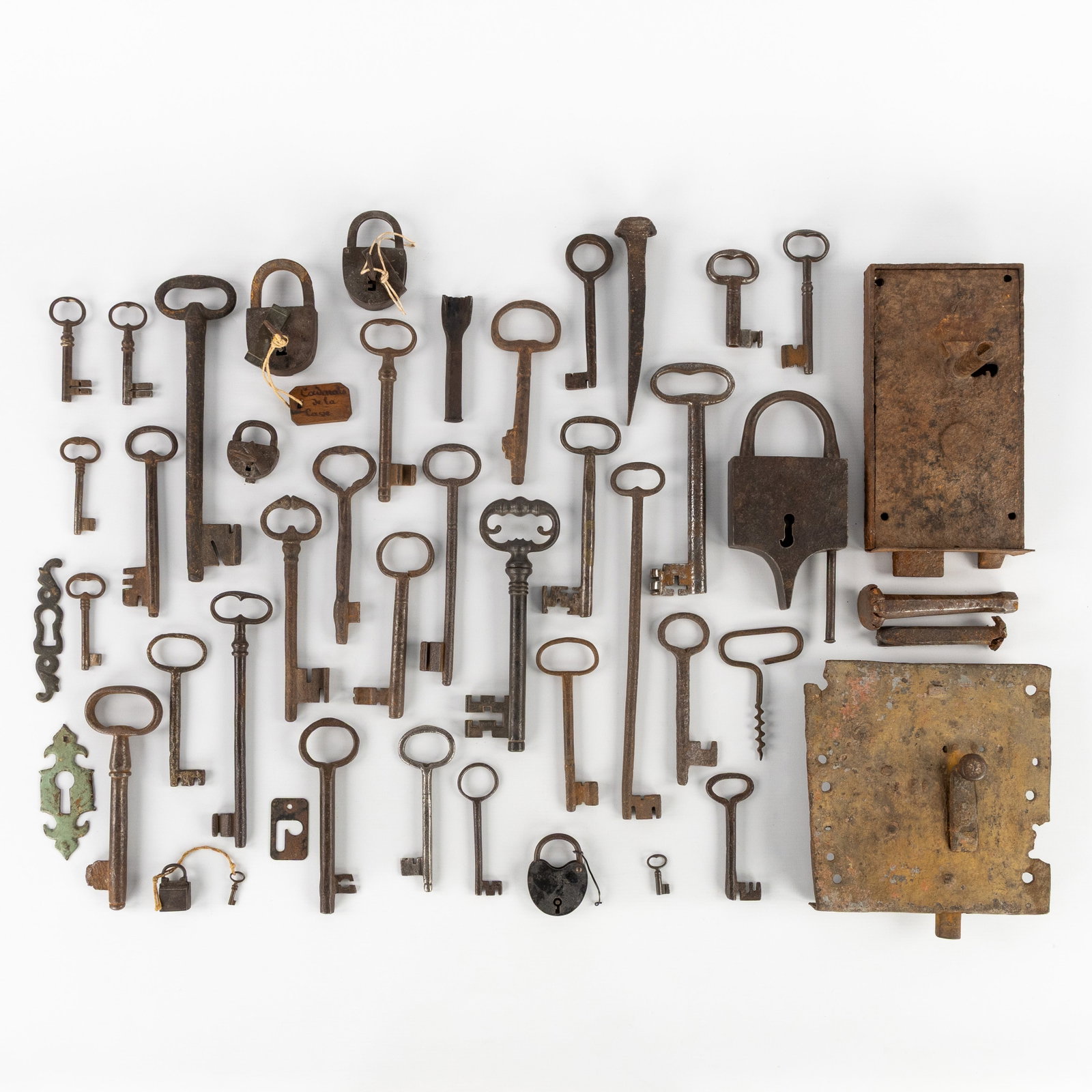 A Collection of antique wrought iron door locks, padlocks, and keys, 17th to 19th C. (1 of 7)