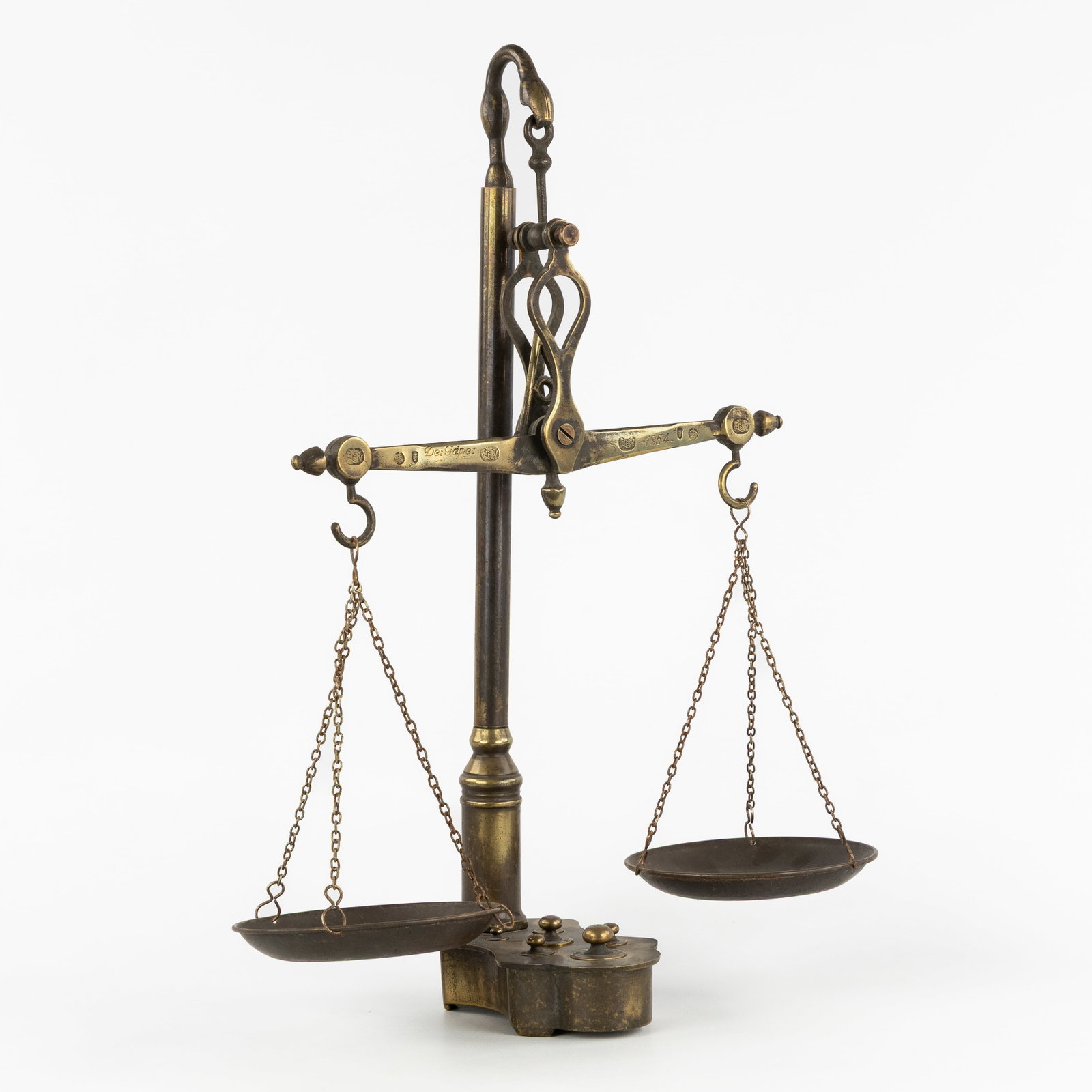 A 19th-century bronze apothecary scale 'De Gaper', with weights and calibration marks, Amsterdam, (1 of 9)