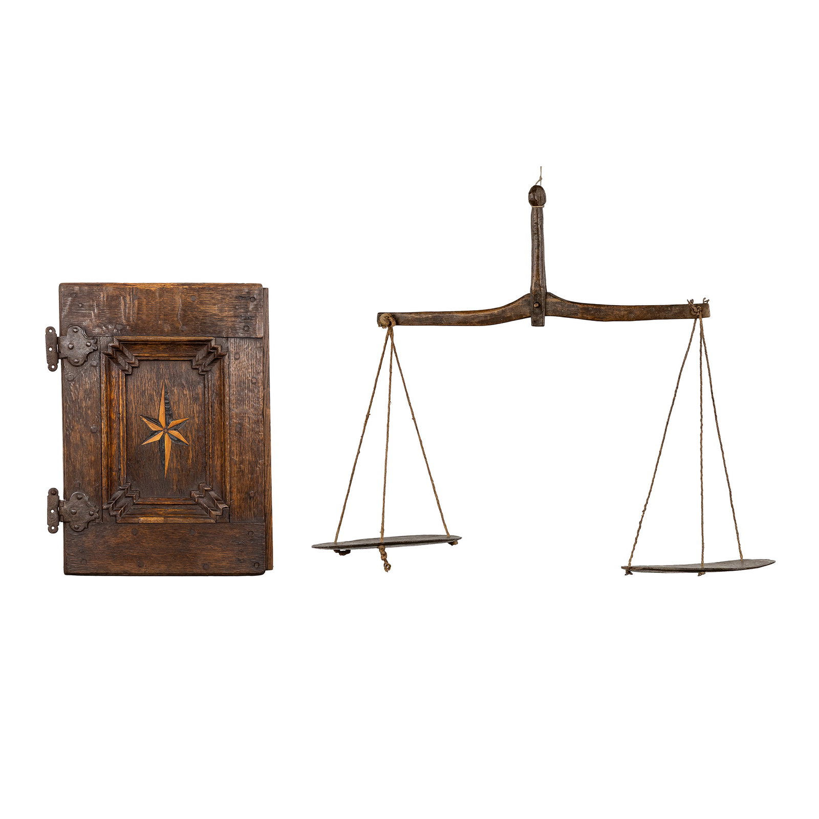 An Antique wooden hand balance or merchant's scale and a cabinet door with marquetry inlay, (1 of 7)