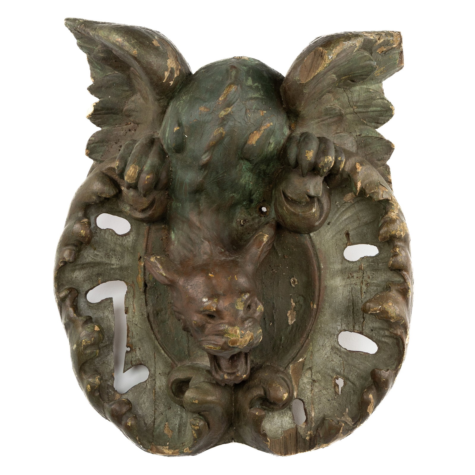 An Antique wood-sculpted corbel or wall ornament, 'Lion of Saint Mark', Baroque style, 19th C.: An Antique wood-sculptured corbel or wall ornament, 'Lion of Saint Mark', Baroque style, 19th century. Sculptured and patinated wood.Depiction of a winged lion, Lion of Saint Mark, Lion of Venice.Fi