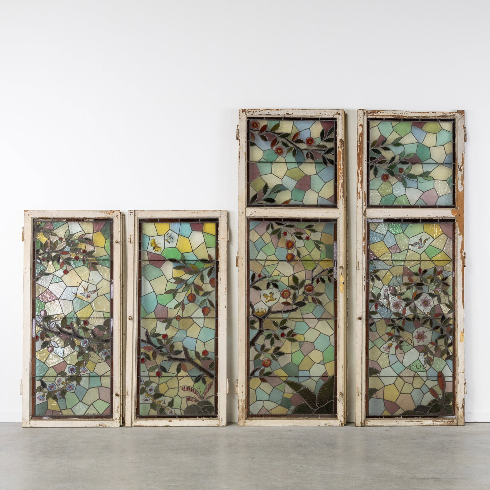 Friedrich Berbig (1845-1923) two pairs of Art Deco stained-glass windows with floral decoration,