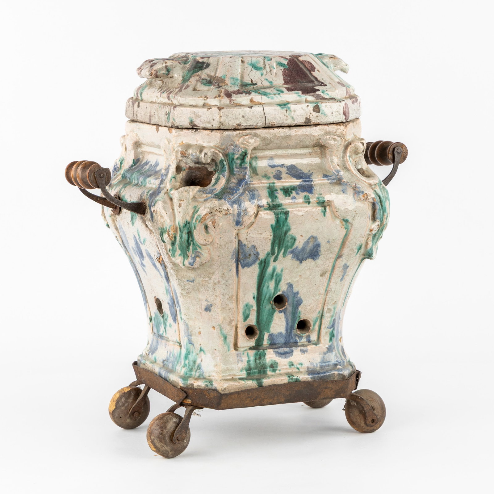 Philippe Mombaers (1724–1754) an antique chamber stove or brazier, glazed faience, Brussels, (1 of 11)