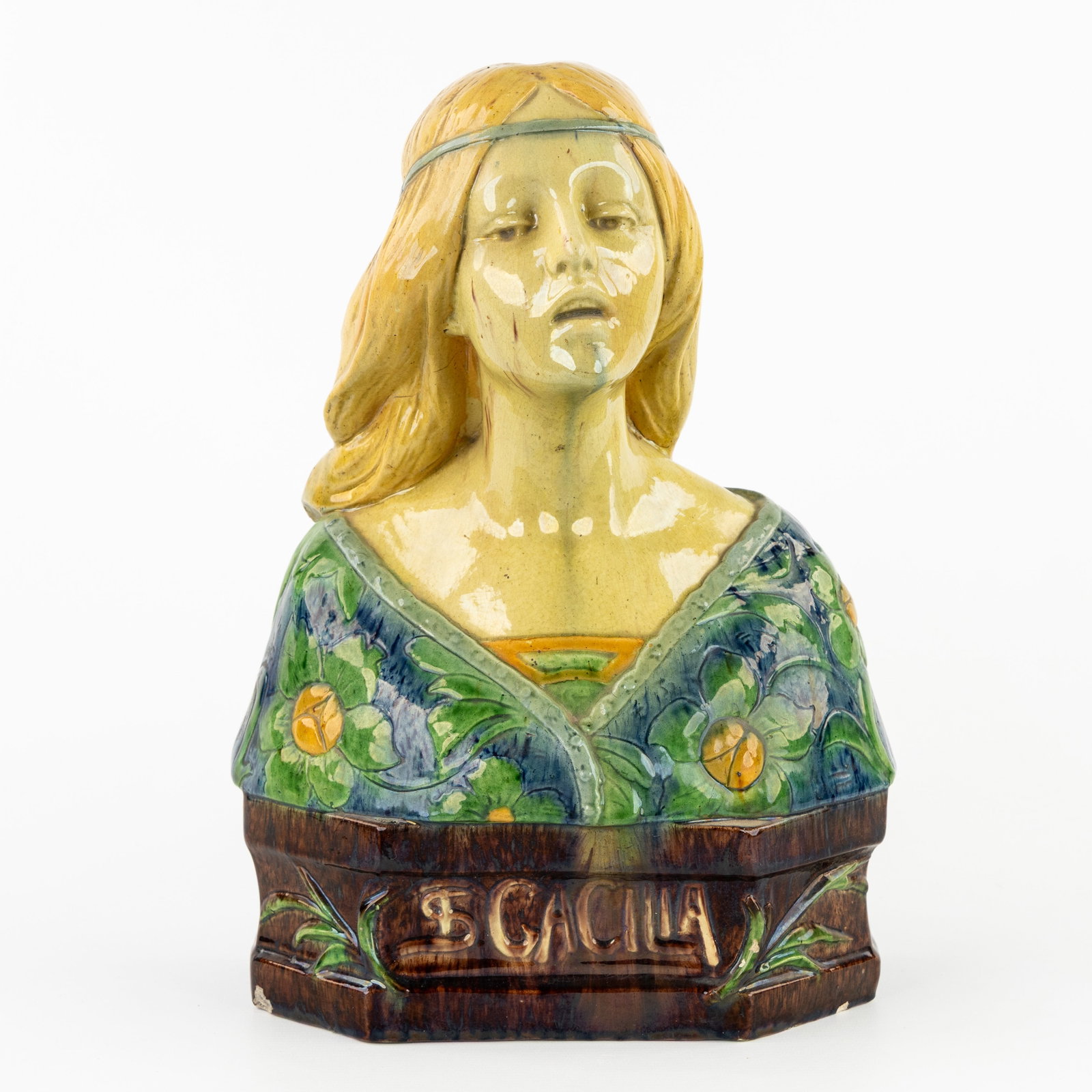 Poterie Flamande, Courtrai, a bust of St. Cecilia in Art Nouveau style, glazed ceramics, Flemish (1 of 10)