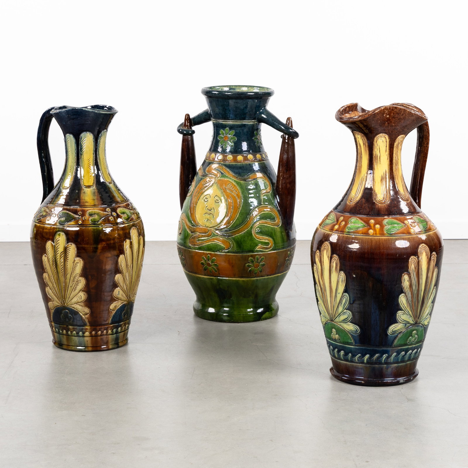 Caesens, Courtrai Pottery, three large vases, glazed ceramic, Flemish Earthenware, Art Nouveau. (1 of 10)