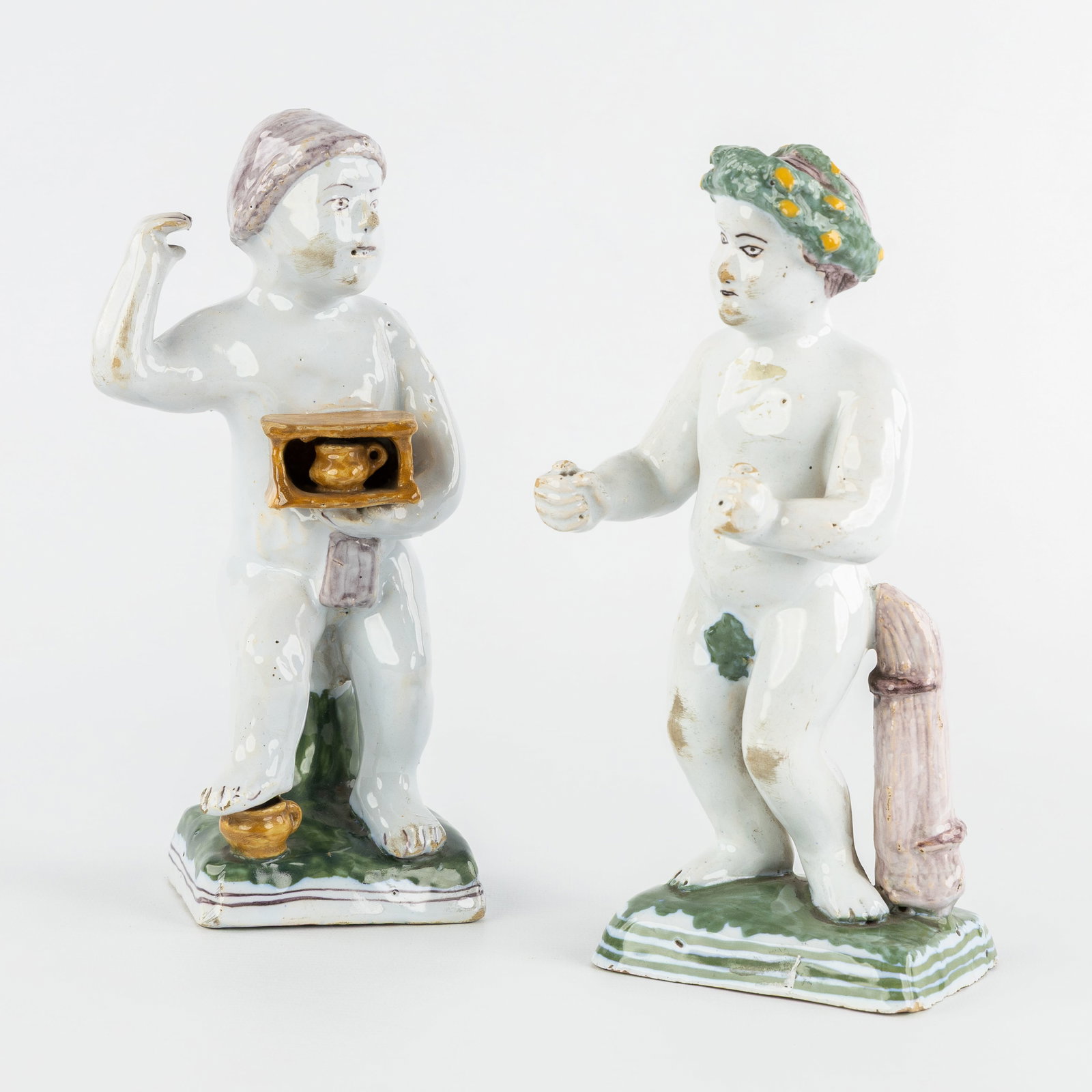 Two Figurines, glazed earthenware, allegorical representation of Winter and Summer, Brussels or (1 of 8)