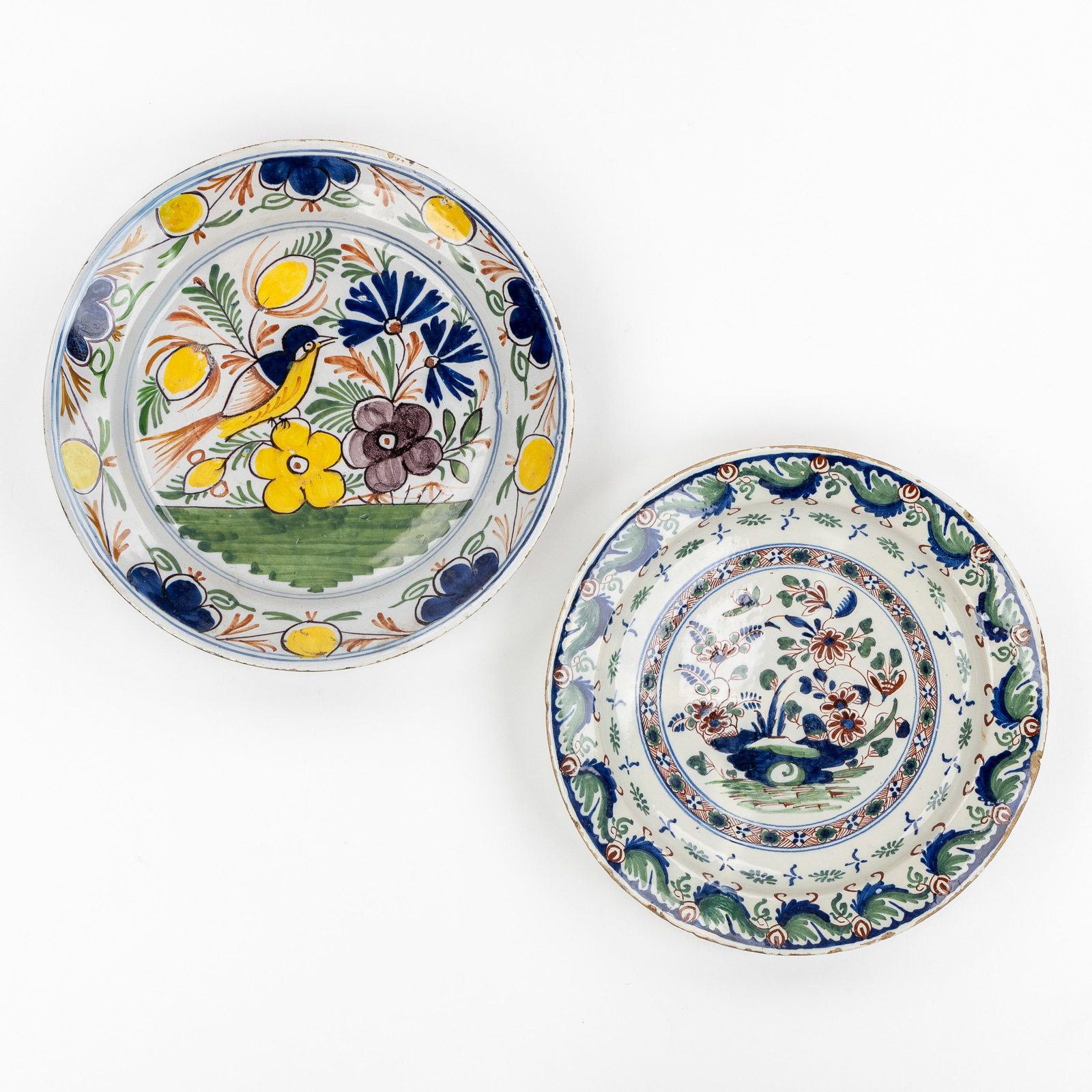 Two large plates with Chinoiserie decorations, polychrome Delft earthenware, probably England, 18th (1 of 9)