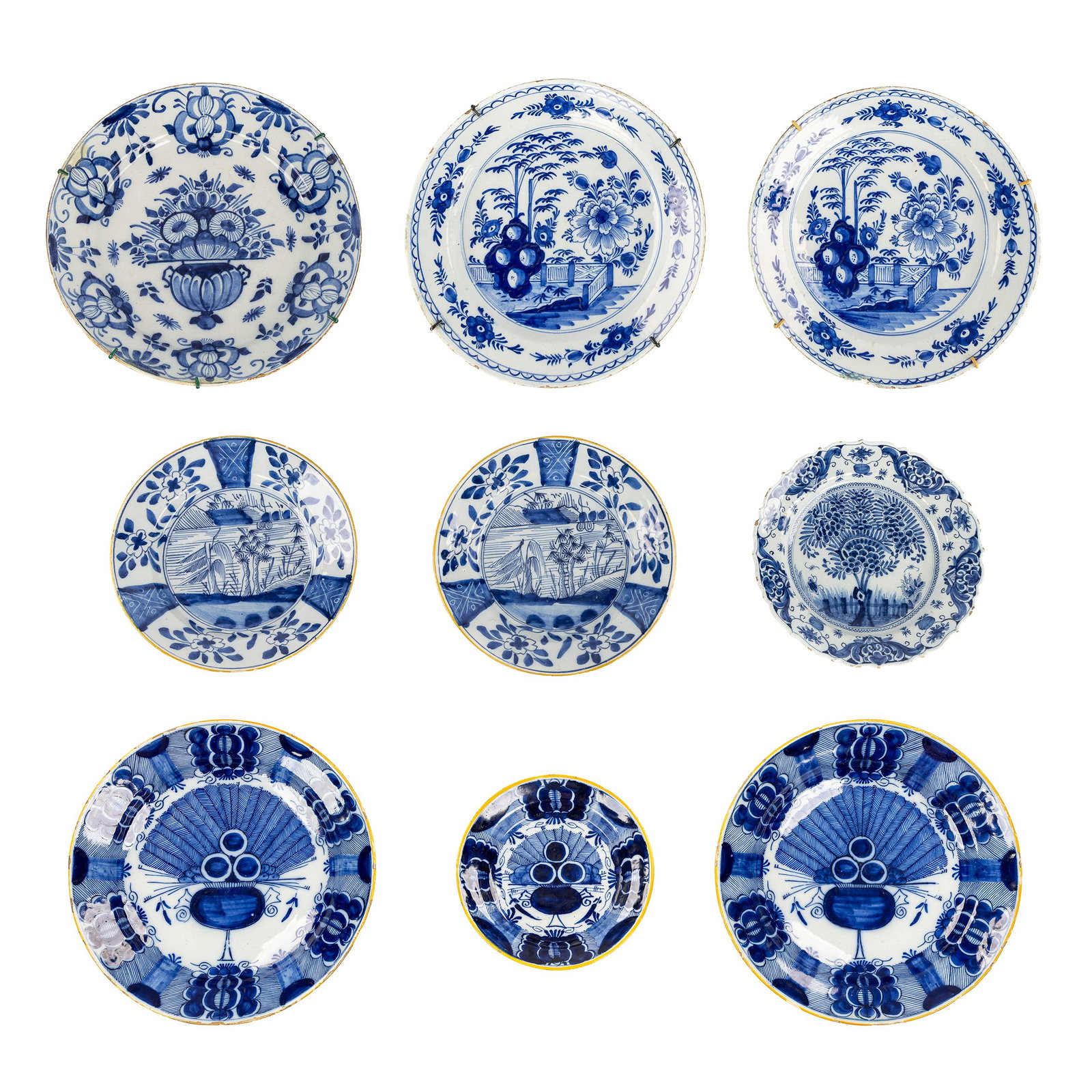 Nine Delft plates, Tea tree, Peacock tail, and other decorations, Blue and white Delft earthenware, (1 of 15)
