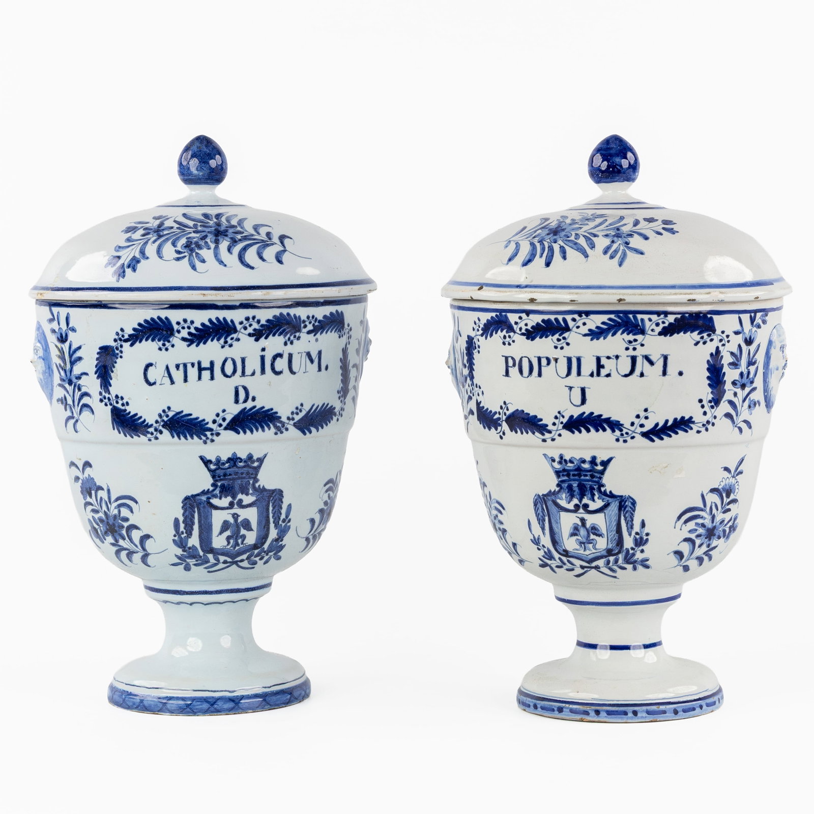 A Pair of antique Delft covered apothecary jars, Populeum and Catholicum, Delft earthenware, 19th C. (1 of 9)