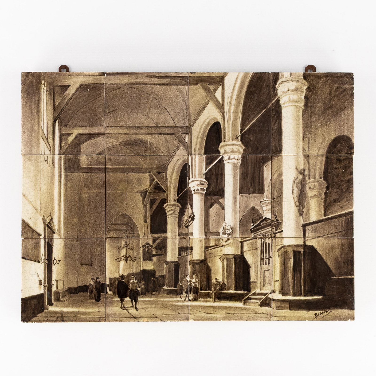 De Distel Pottery, after Johannes Bosboon (1817-1891), a tile panel with a church interior, St. (1 of 8)
