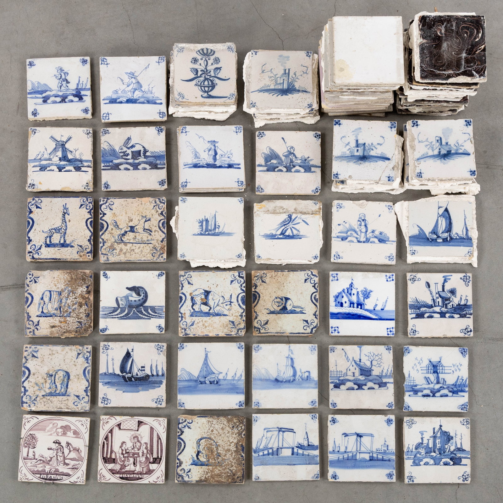 A Collection of 75 Delft tiles, blue and white, manganese and whites (witjes), Delft earthenware, (1 of 10)