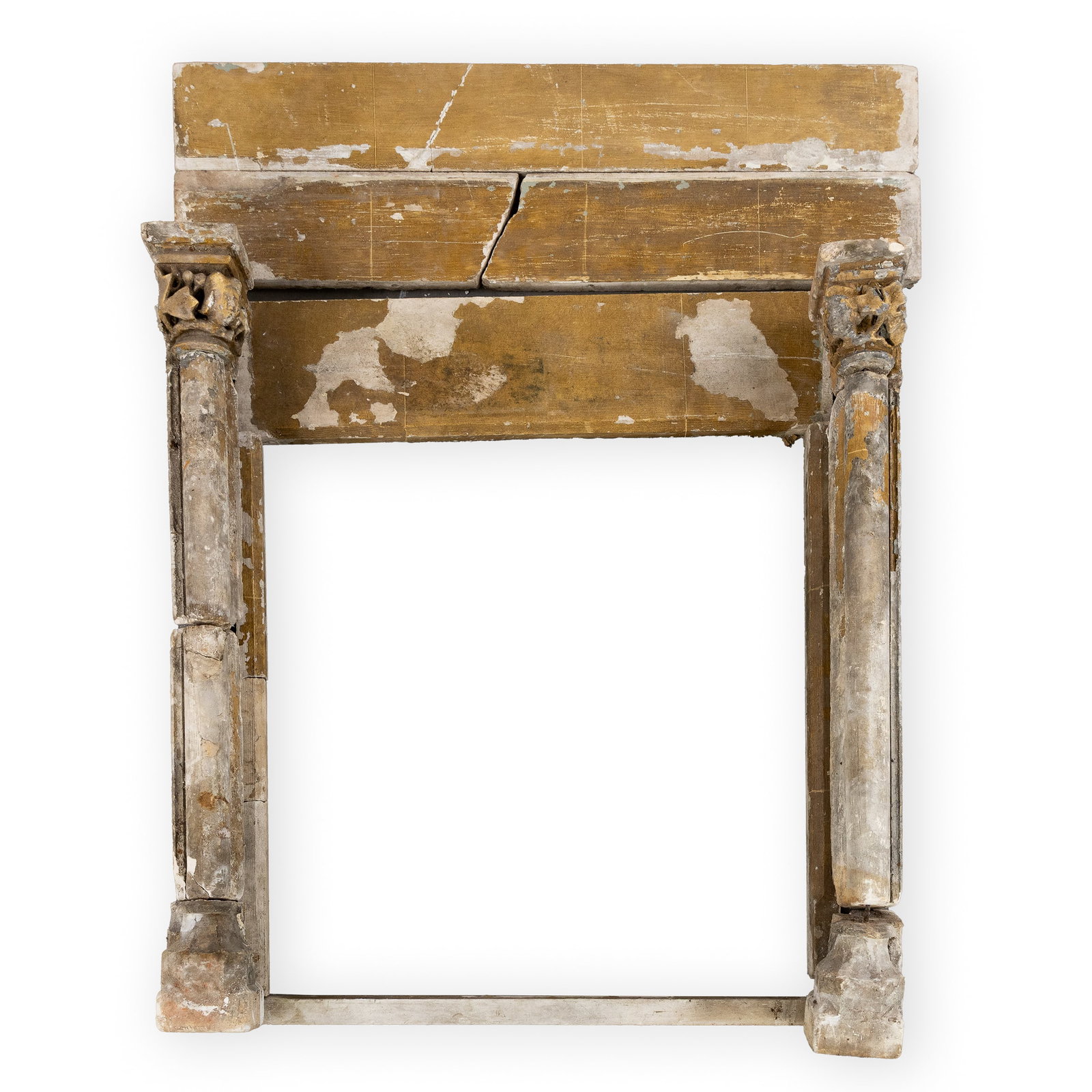 A Gothic mantelpiece, period and later pieces, sculptured white stone. Gothic.: A Gothic mantelpiece, period and later pieces, sculptured white stone. Gothic. Sculptured white stone.Capitals with sculpted leaf motifs and faces.Pillars, piers, and capitals from the Gothic period