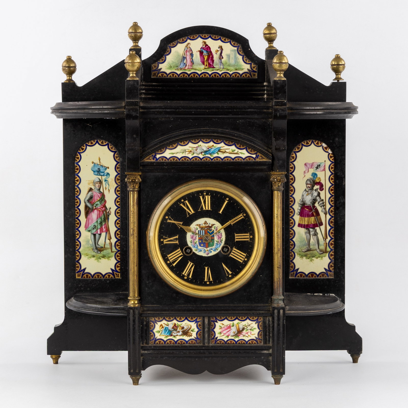 A French 'Aesthetic movement' mantel clock with enamel plaques and black marble, circa 1880. (1 of 9)
