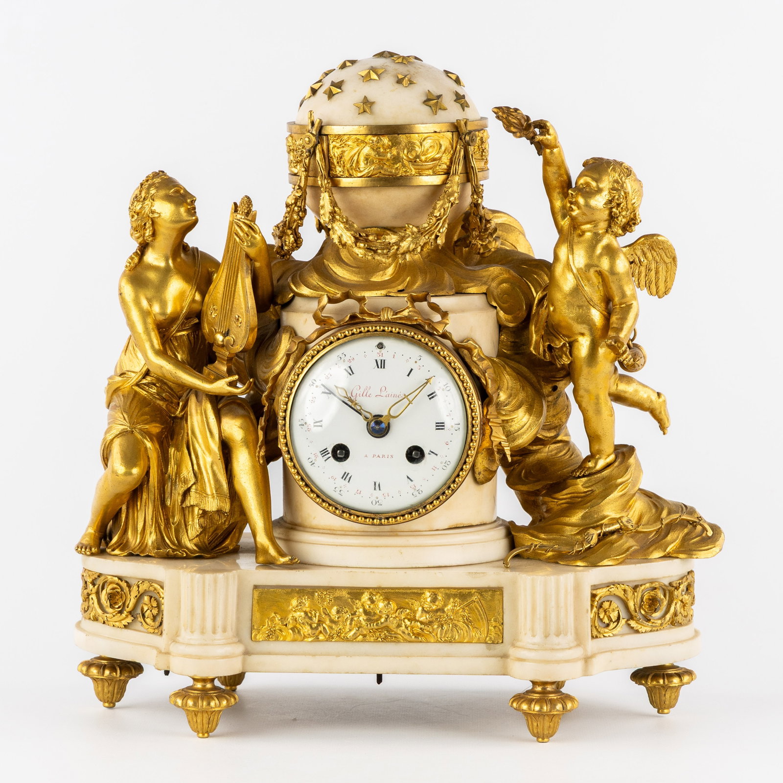 A Richly decorated mantel clock, Erato and Cupid, Louis XVI style, ormolu bronze and Carrara marble, (1 of 9)
