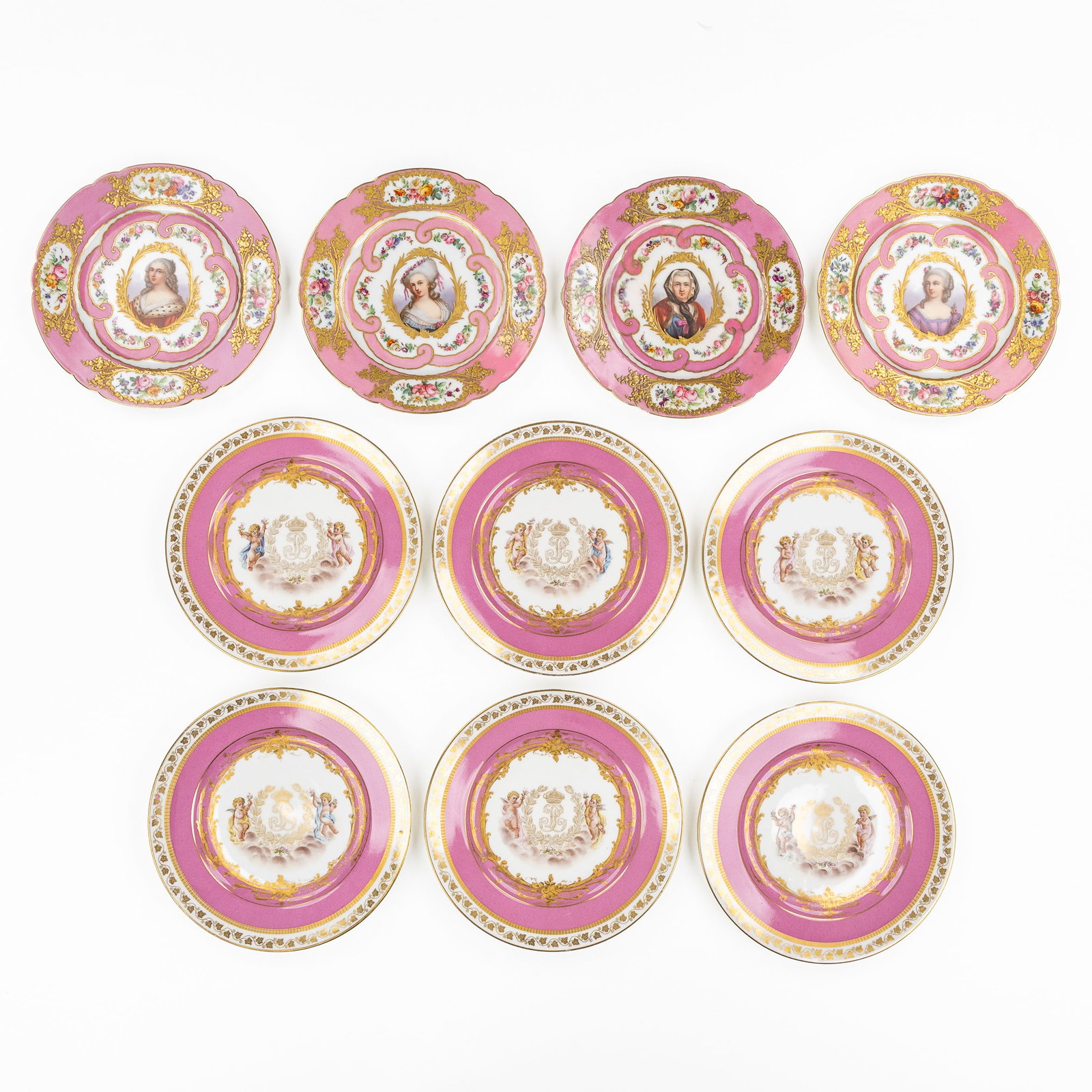 Sèvres, Chateau des Tuileries, six 'Rose Pompadour' plates with hand-painted decorations and: Sèvres, Chateau des Tuileries, six 'Rose Pompadour' plates with hand-painted decorations and Louis Philippe monogram, 19th century. Polychrome porcelain. Six plates, 'Rose Pompadour', decorated w