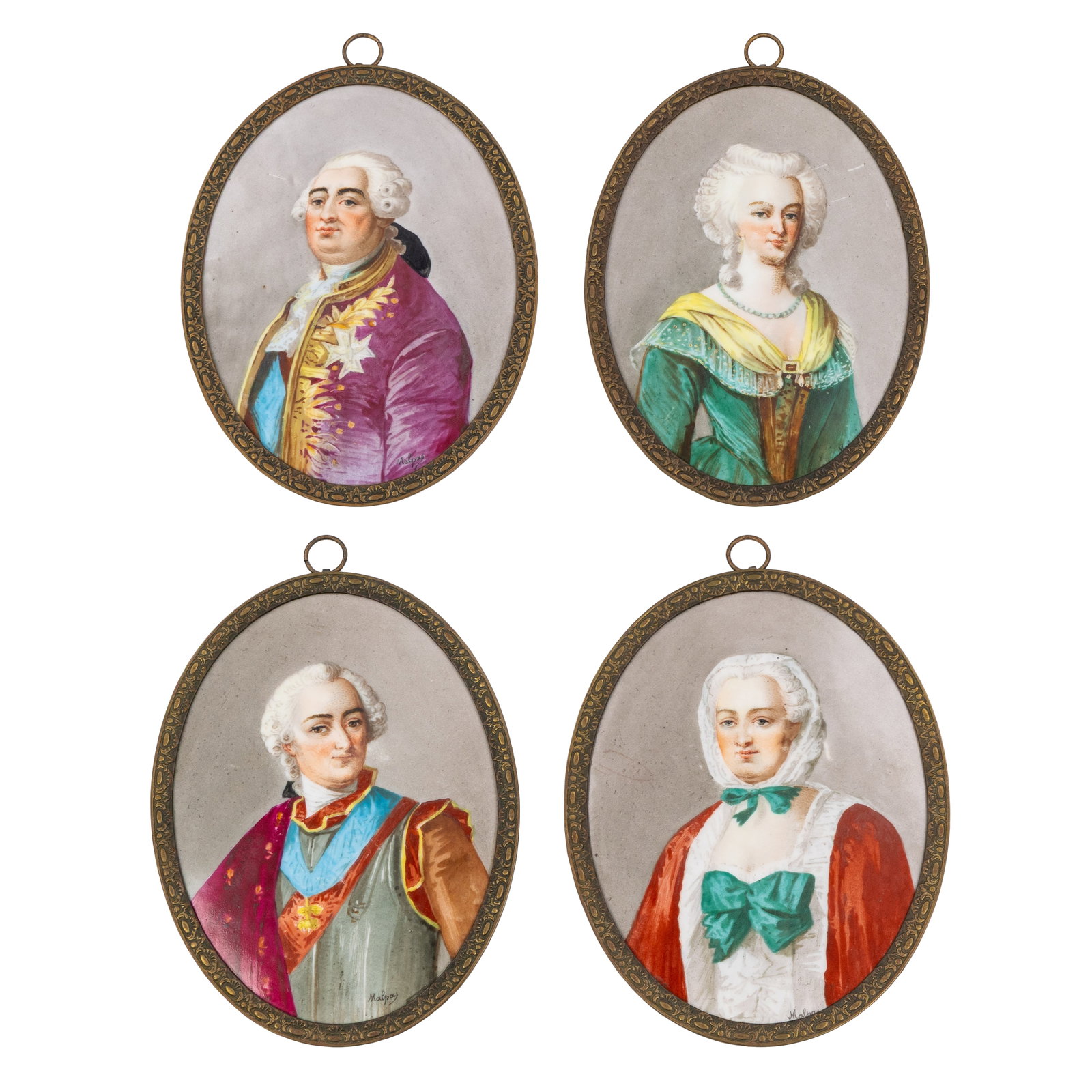 Sèvres, Chateau des Tuileries, four plaques with hand-painted portraits of the French monarchs,: Sèvres, Chateau des Tuileries, four plaques with hand-painted portraits of the French monarchs, 19th century. Polychrome porcelain, mounted with a bronze frame.With hand-painted portraits of Loui