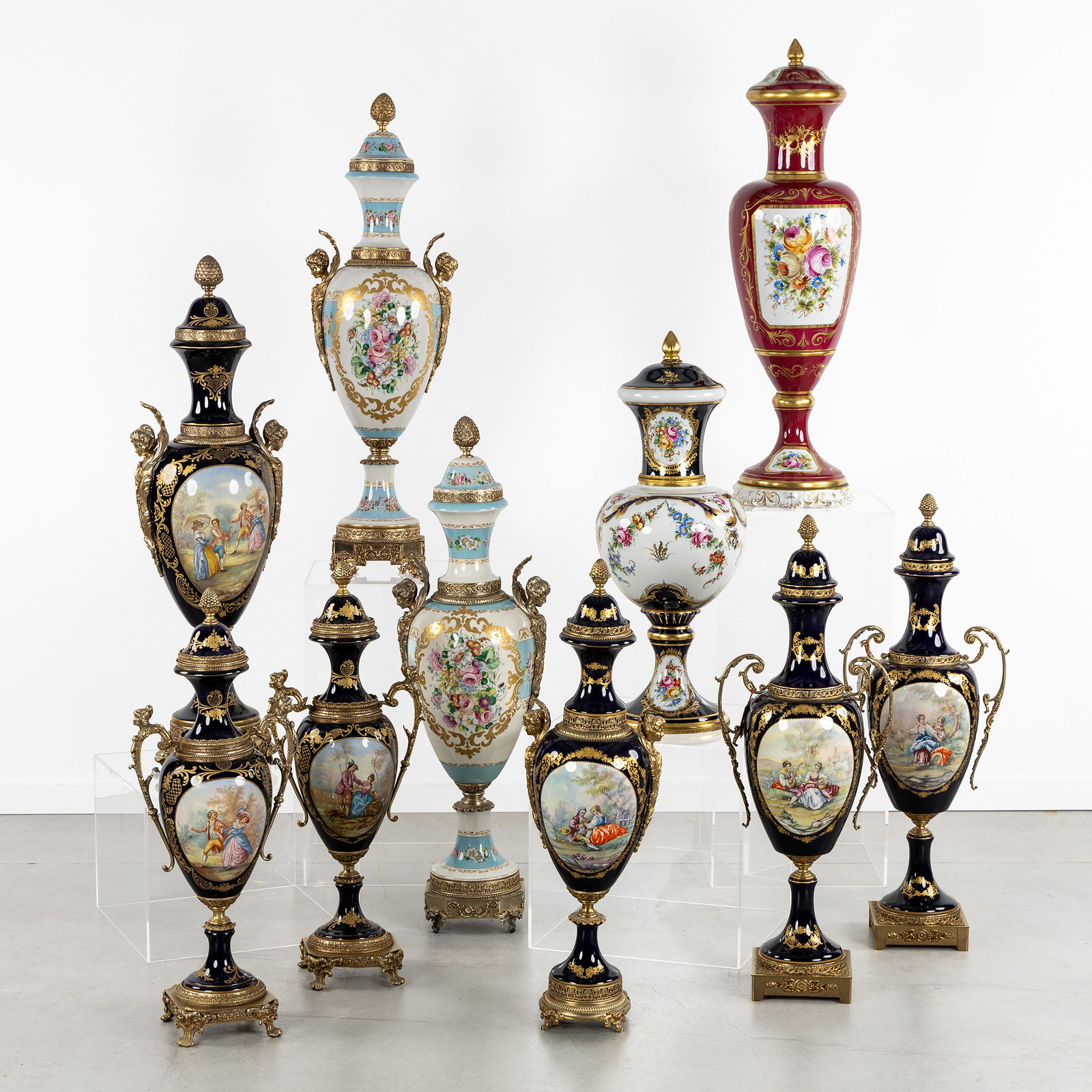 Ten Large Sèvres-style decorative vases, including two pairs, porcelain and gilded bronze, (1 of 14)