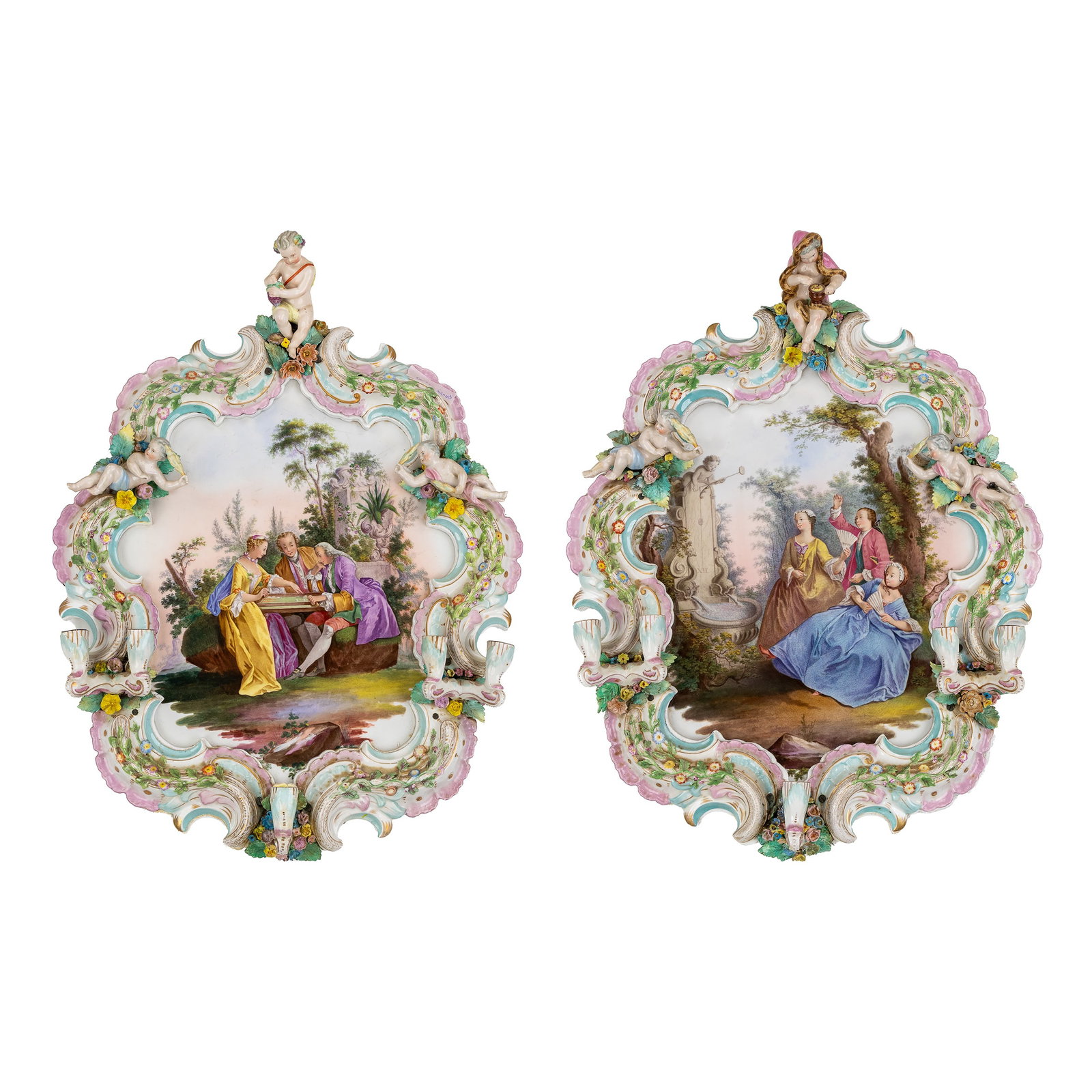 A Pair of exceptional porcelain hand-painted wall sconces or appliques, 'Autumn' and 'Winter', (1 of 18)