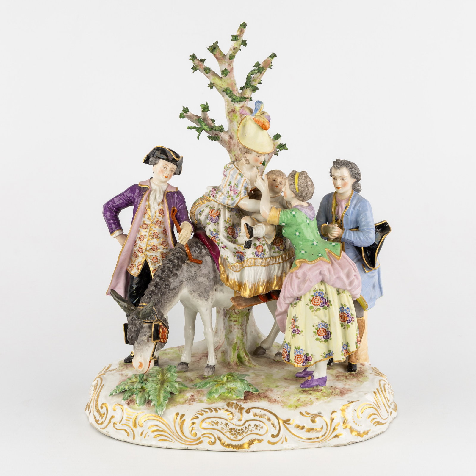 Choisy-le-Roy, a large porcelain group, 'The Donkey Ride', France, 19th C.: Choisy-le-Roy, a large porcelain group, 'The Donkey Ride', France, 19th century. Polychrome porcelain. Depiction of a donkey driver, a noblewoman with a child seated on a donkey, a nobleman, and a hel