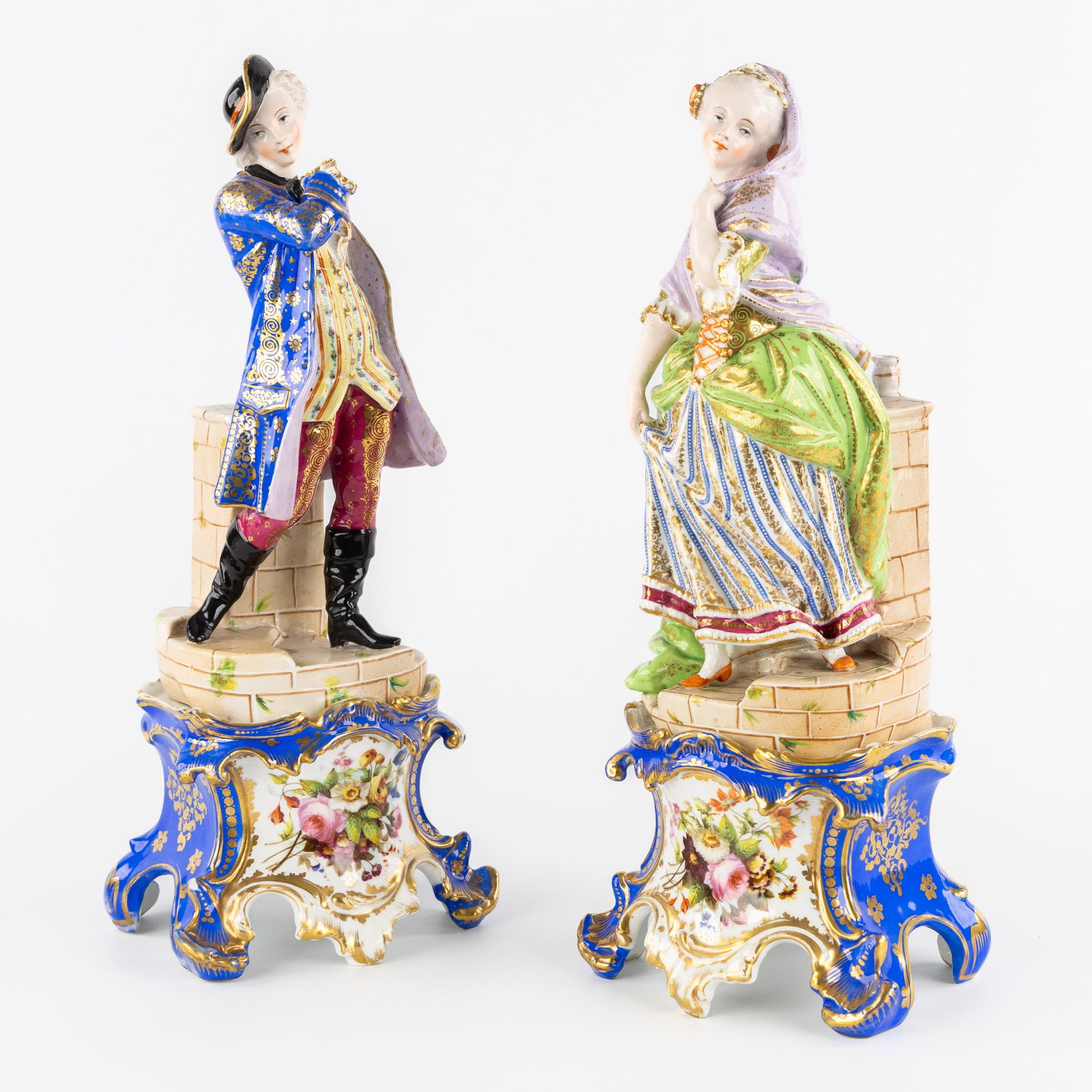 Vieux Paris, Vieux Bruxelles, a pair of sculptures of a nobleman and a lady, polychrome porcelain, (1 of 8)