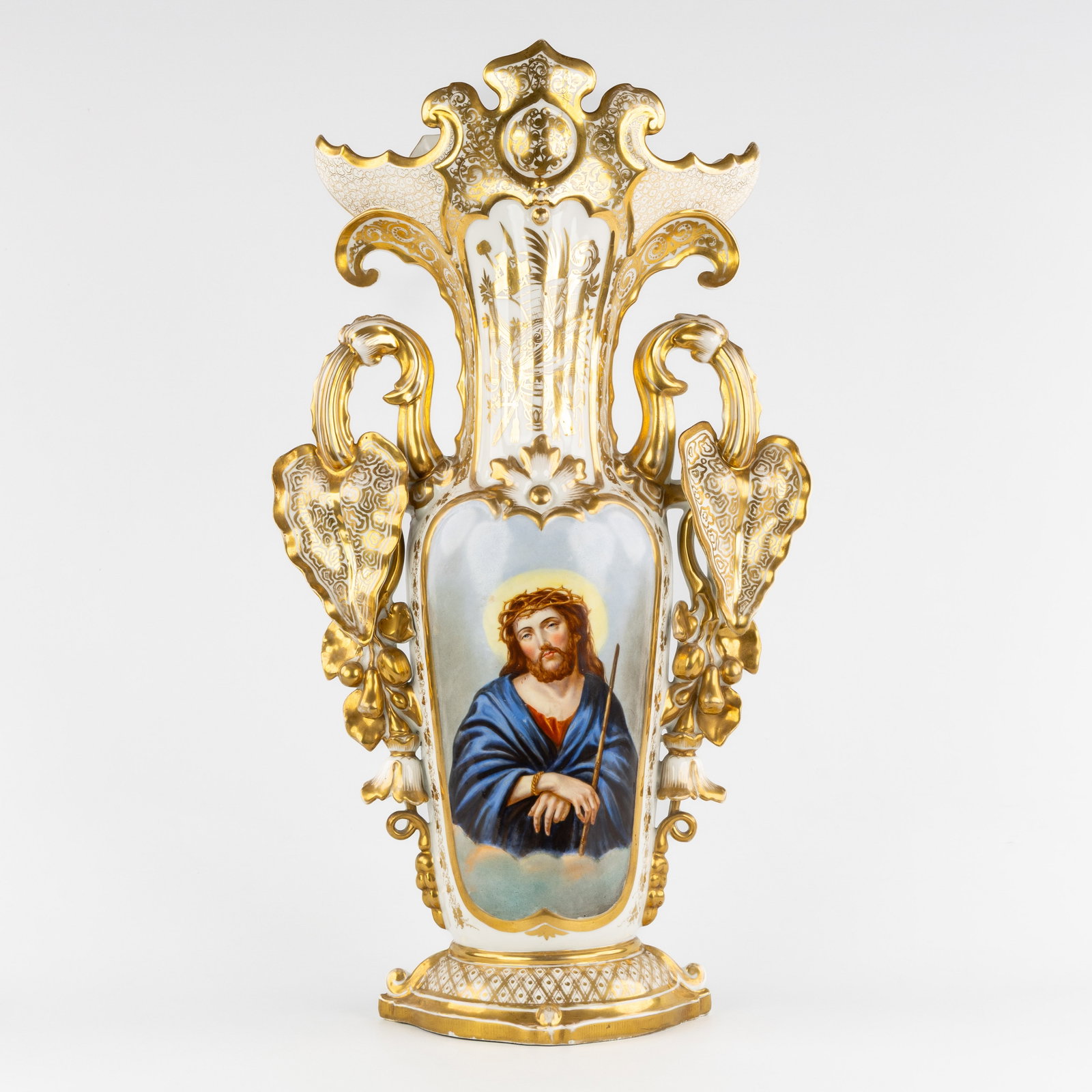 Christian Fischer, a large floral vase with the Suffering Christ, gilded porcelain, Pirkenhammer, (1 of 8)