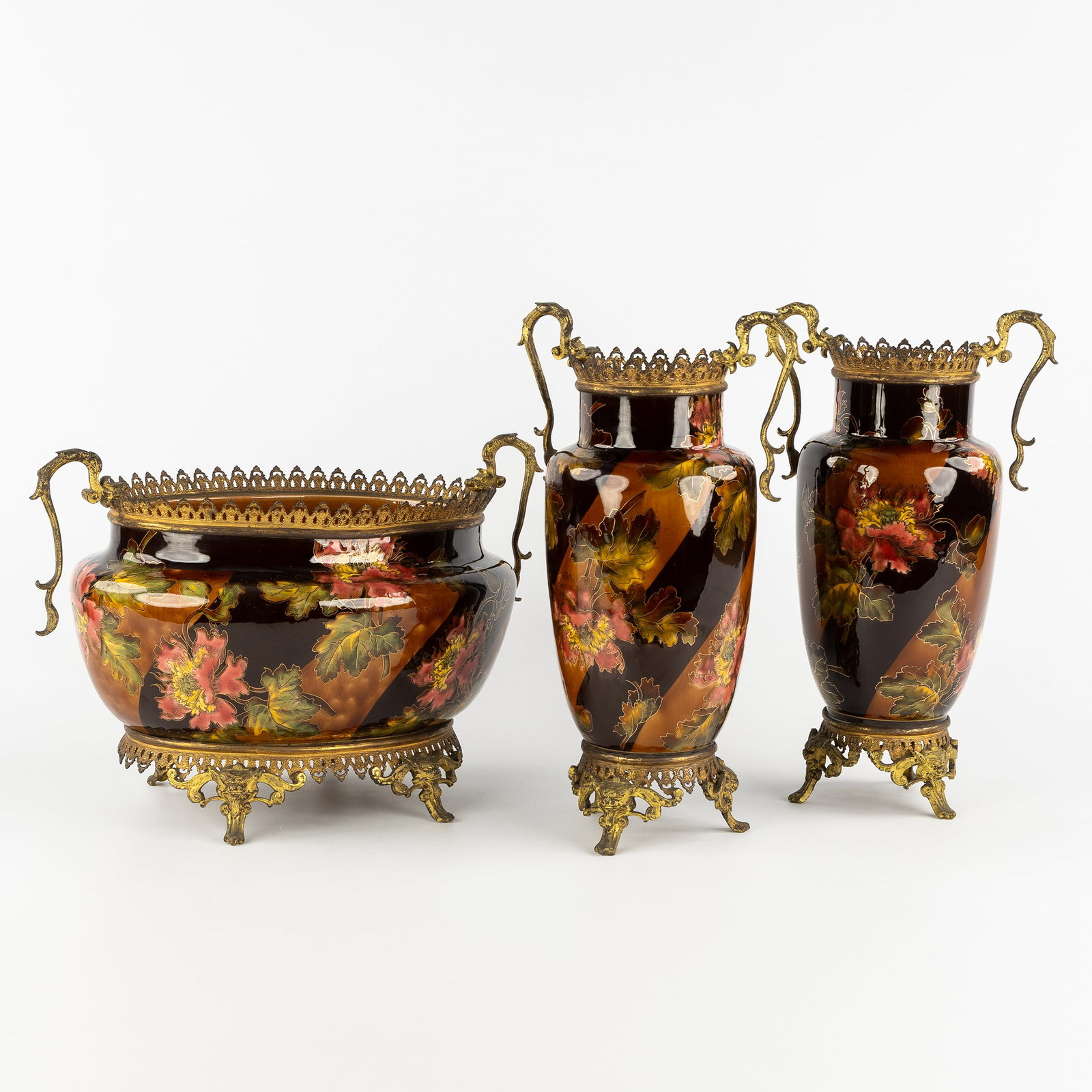 K&G Luneville, a three-piece mantel garniture, jardinière and two vases, glazed ceramic and (1 of 12)
