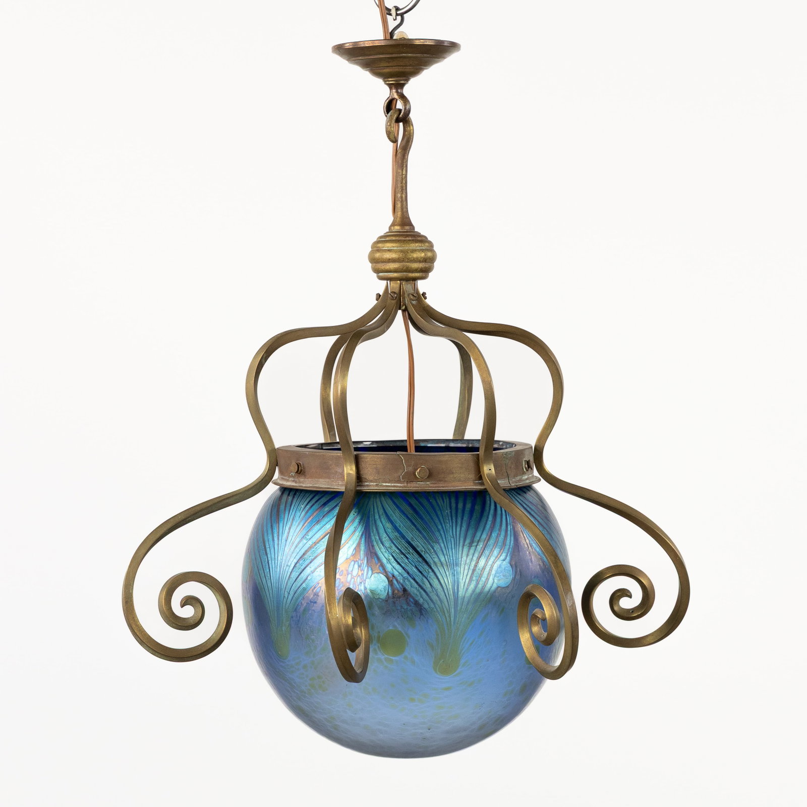 Johann Loetz Witwe, 'Phänomen Lampe', a chandelier with a large globe, brass and iridescent (1 of 7)