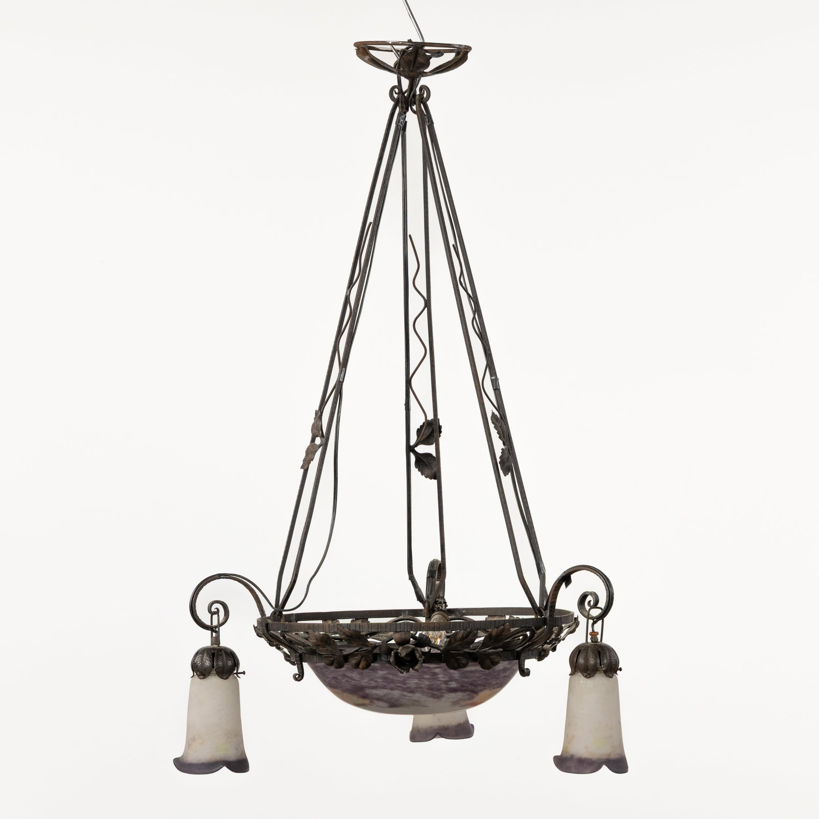 Noverdy France, a wrought iron chandelier with pâte de verre bowl and lampshades, Art Deco,: Noverdy France, a wrought iron chandelier with pâte de verre bowl and lampshades, Art Deco, circa 1930. Patinated wrought iron and pâte de verre/glass.Floral decoration.Four light points.<