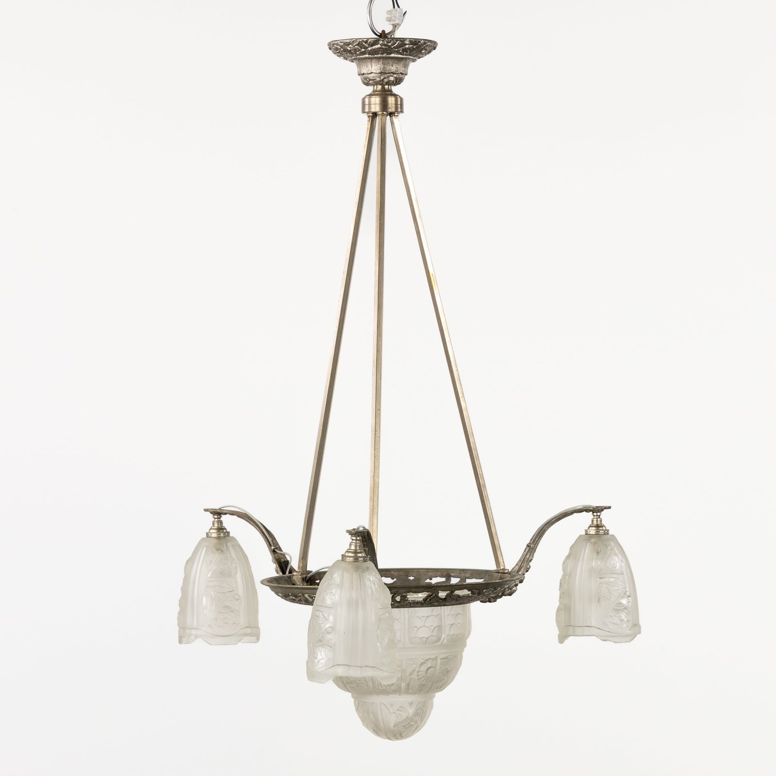 An Art Deco chandelier with a bowl and three lampshades, silver-plated brass and frosted glass, Art (1 of 8)