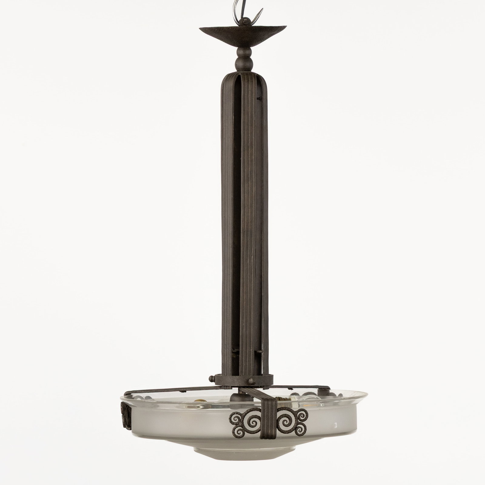 A Wrought iron Art Deco chandelier with a glass bowl, Art Deco style. (1 of 6)