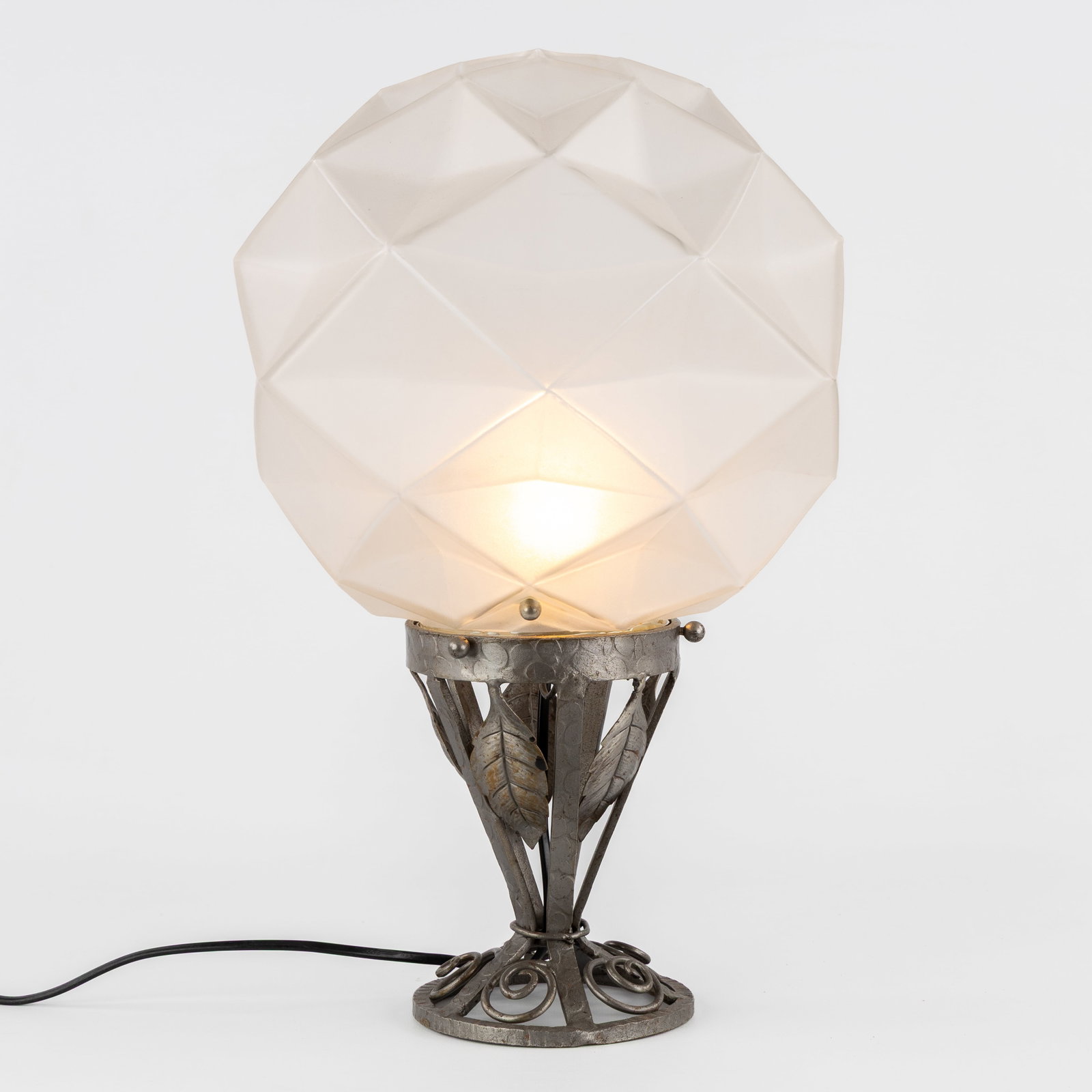A Table lamp with a geometric globe or polyhedron, silver-plated wrought iron and frosted glass, Art (1 of 9)