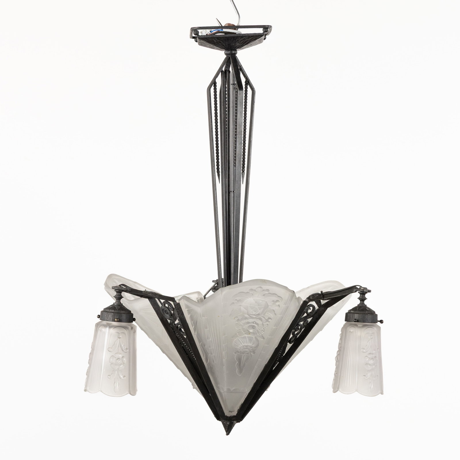 An Art Deco chandelier, patinated wrought iron and frosted glass, Art Deco, circa 1940. (1 of 6)