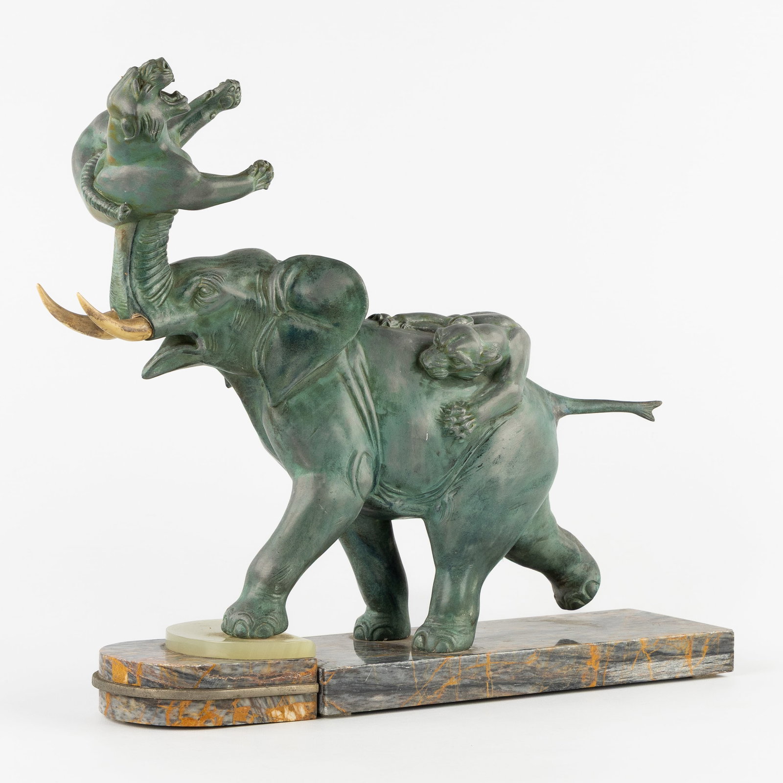 Irénée Rochard (1906-1984) 'Elephant Attacked by Two Tigers', patinated bronze, Art Deco,: Irénée Rochard (1906-1984) 'Elephant Attacked by Two Tigers', patinated bronze, Art Deco, circa 1930-1940. Patinated bronze, mounted on a marble base.Signed 'I. Rochard'. (42 x 39 x 13 cm)