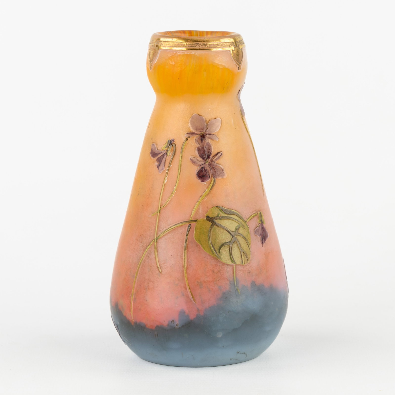 A Small Art Nouveau vase with violet floral decoration, pâte de verre, Art Nouveau, circa 1900.: A Small Art Nouveau vase with violet floral decoration, pâte de verre, Art Nouveau, circa 1900. Pâte de verre, with gilded finish.Decorated with violets, violettes.Attributed to Franç