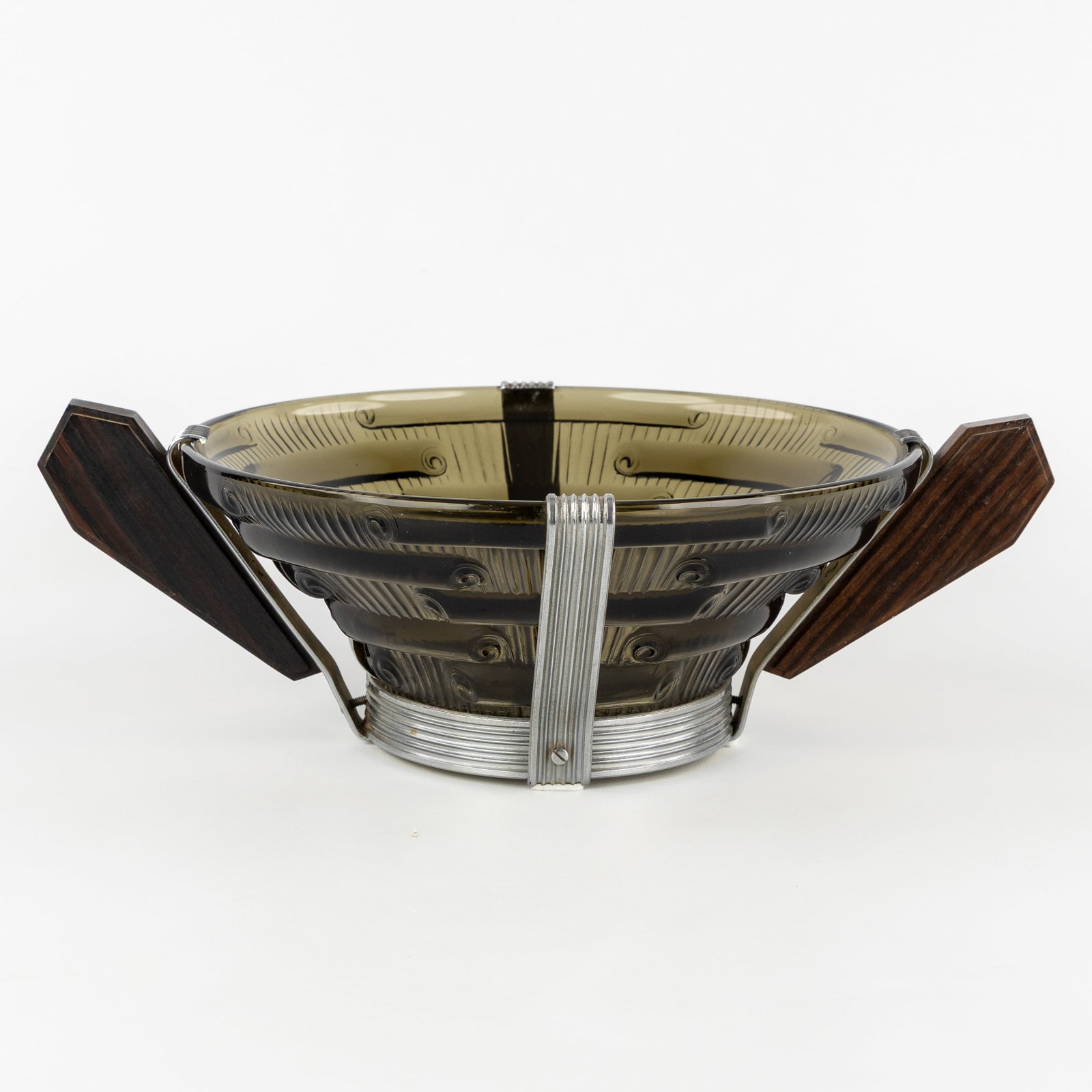 A bowl, tinted glass with a chrome mount and rosewood handles. Art Deco. (1 of 6)