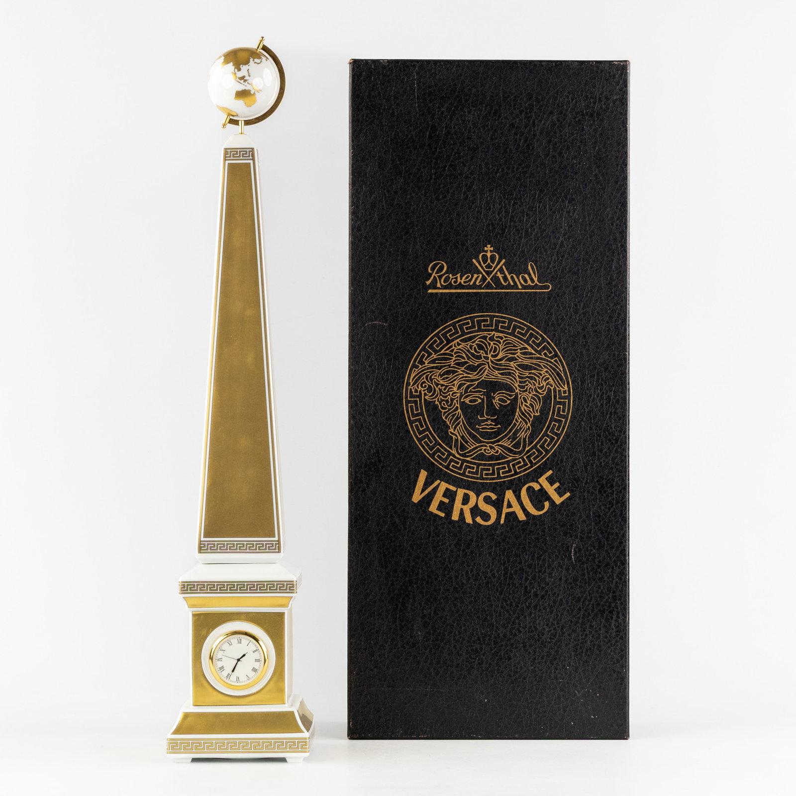 Versace 'Carpe Diem', Rosenthal, an Obelisk Table Clock, Gilt porcelain. (1 of 10)